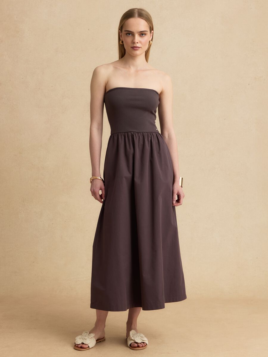 Brown maxi dress in stretch cotton, regular fit, strapless_0