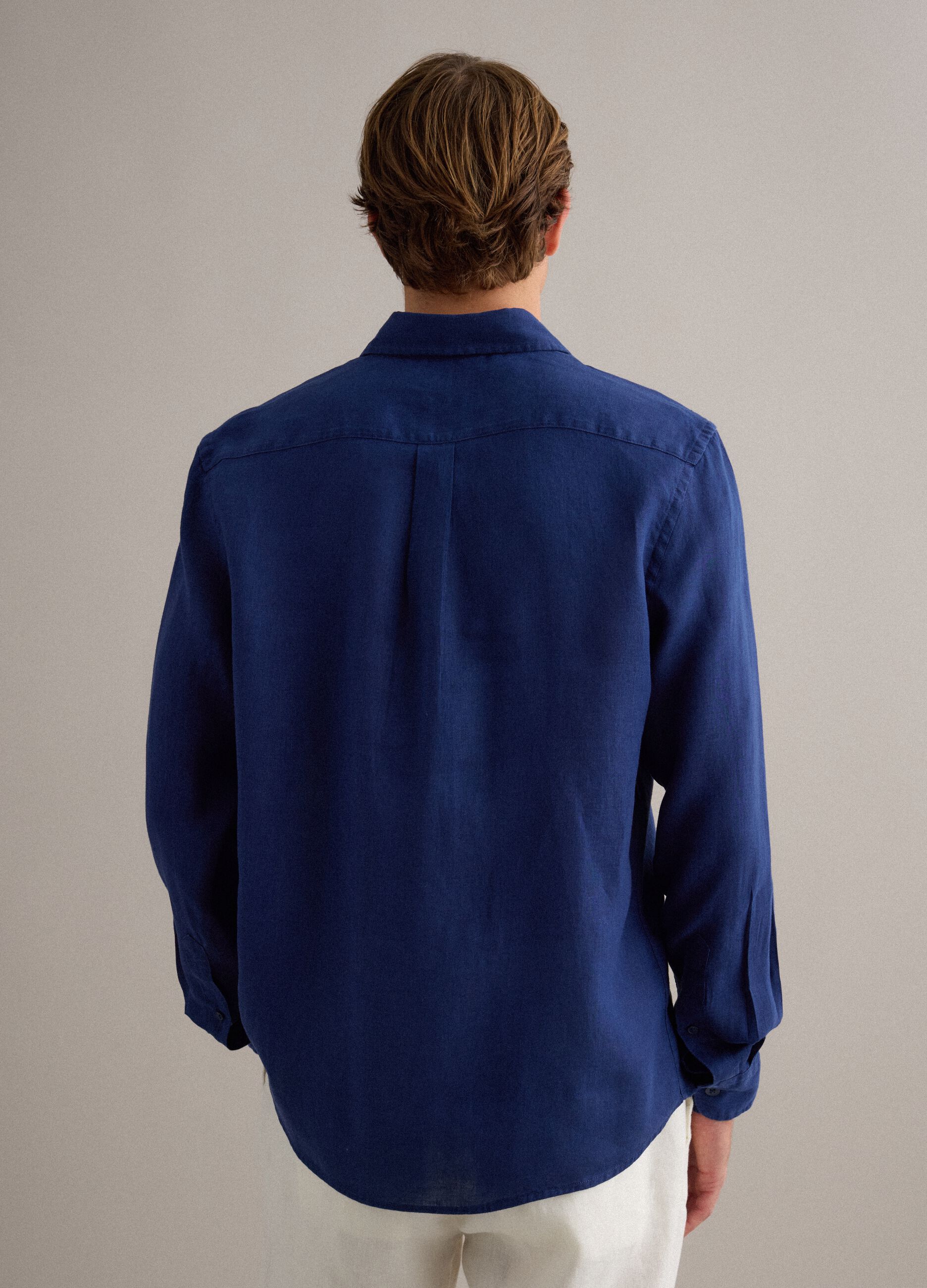 Blue regular-fit pure linen shirt with double pocket