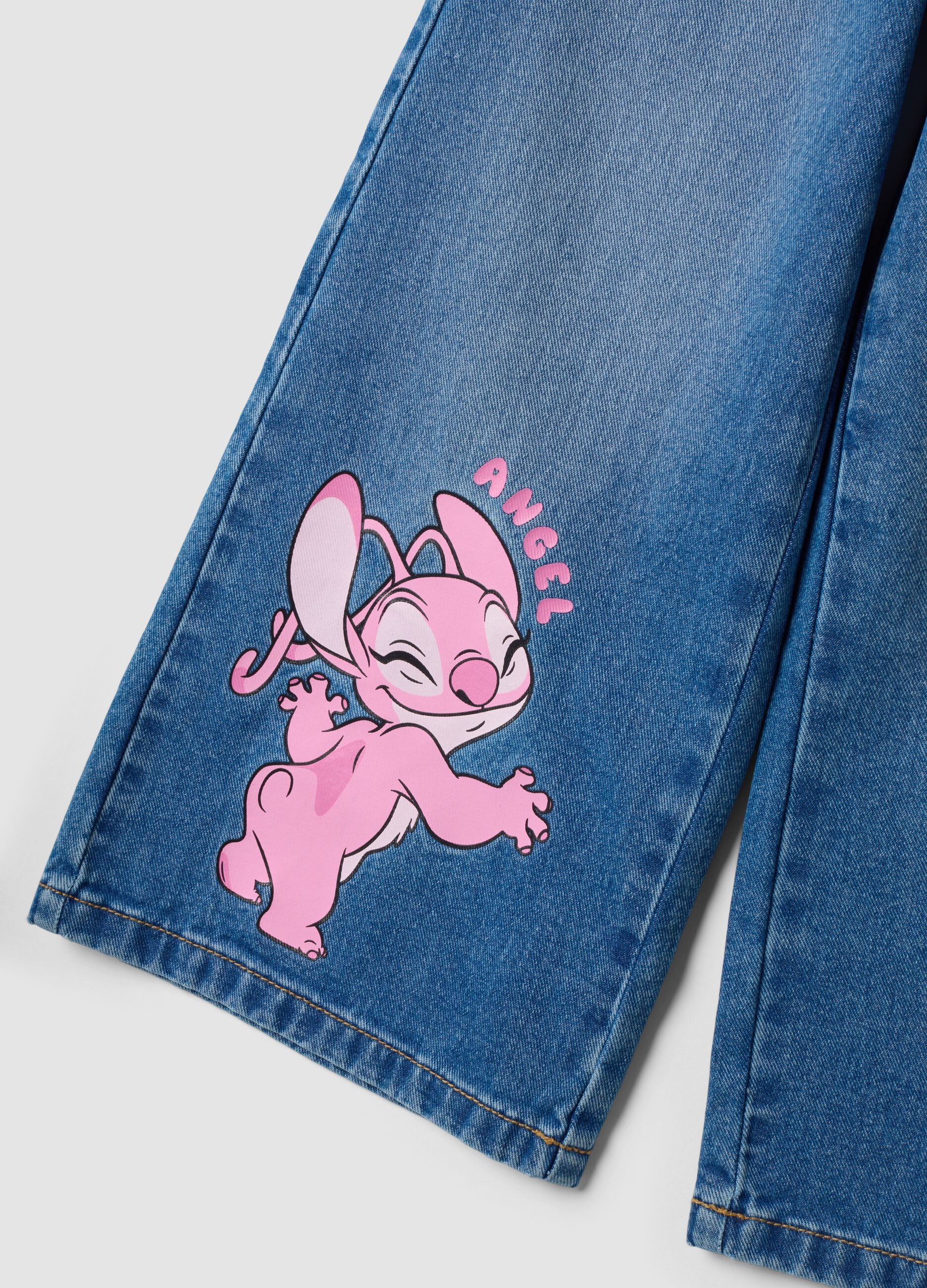 Blue pure cotton wide-leg denim jeans with Lilo & Stitch print for girls