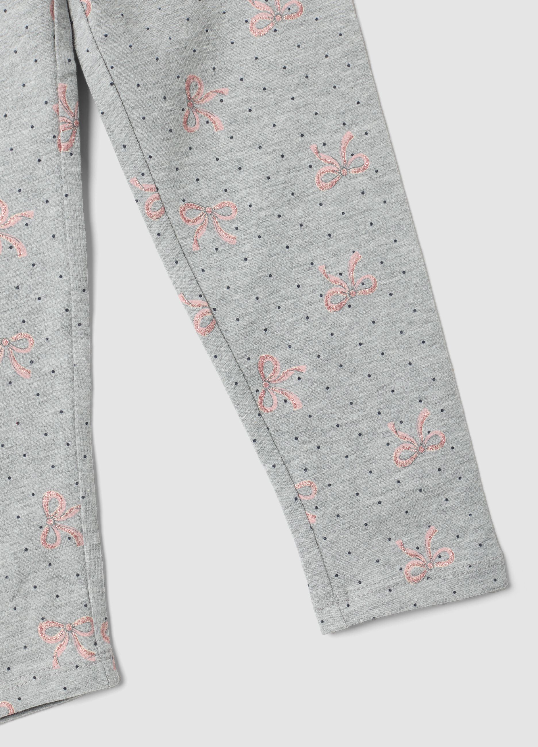 Leggings skinny grigi in cotone organico elasticizzato con fiocchi per bambina