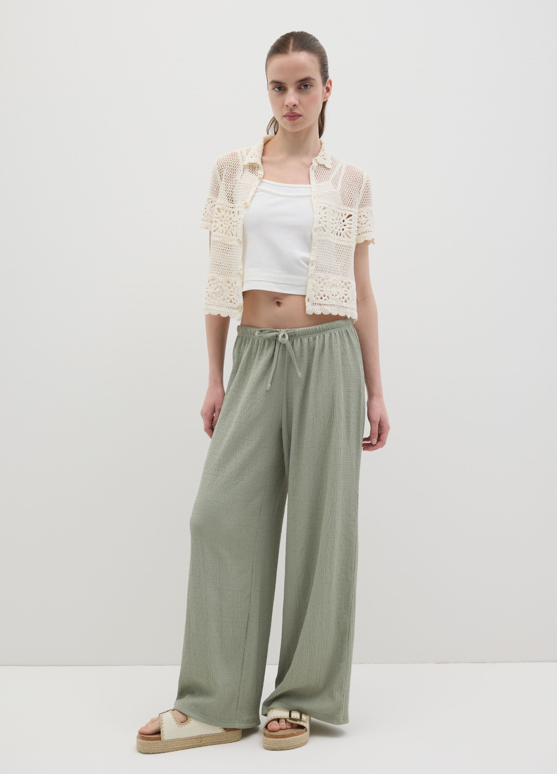 Women’s palazzo pants in green stretch fabric
