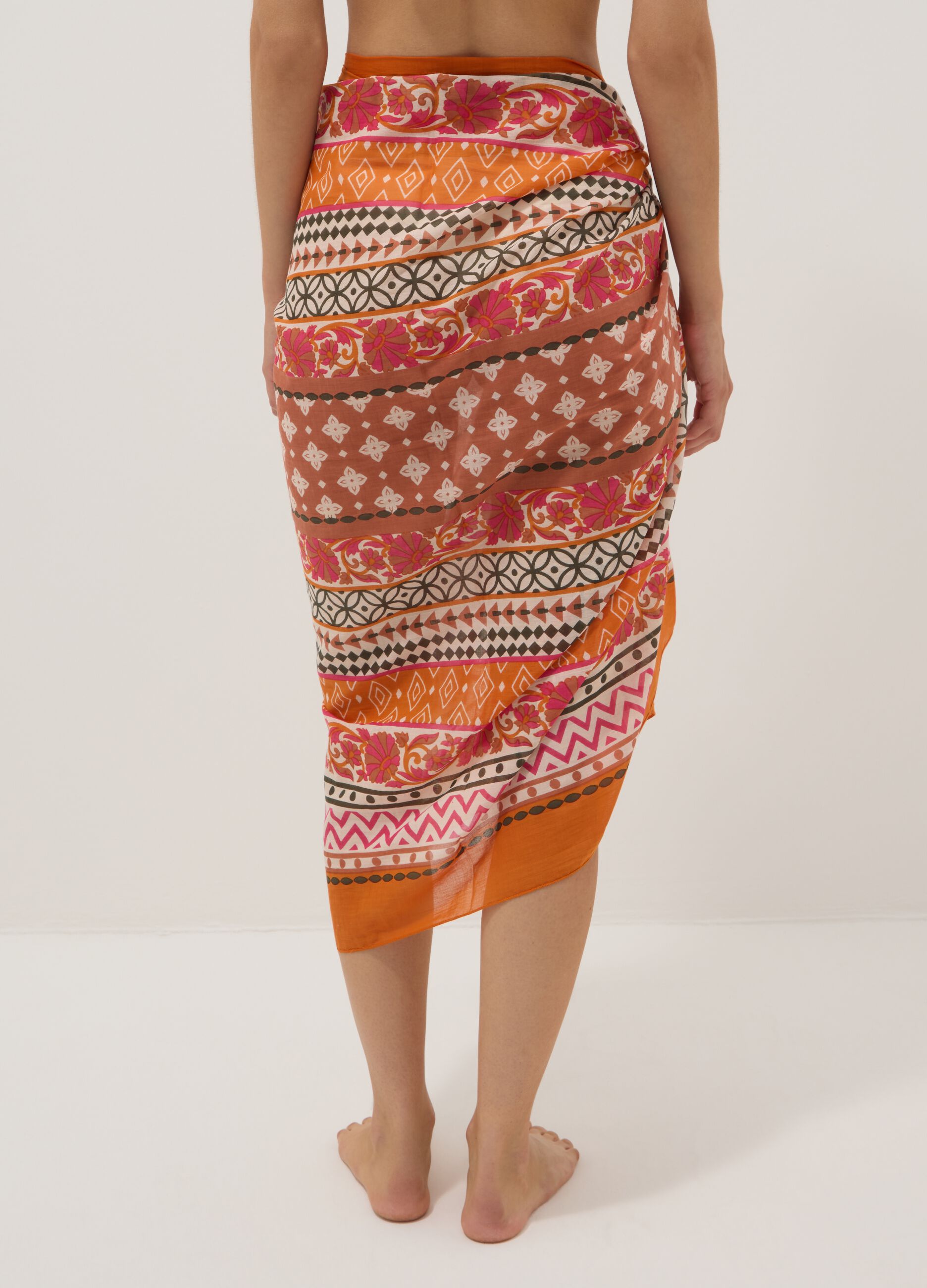 Orange pure cotton pareo with patterned print