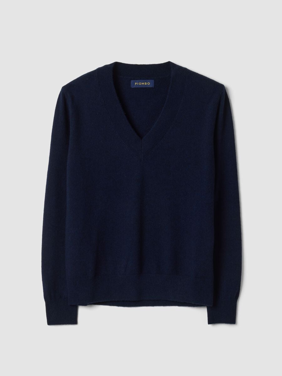 Blue pure wool jumper with deep V-neck_4