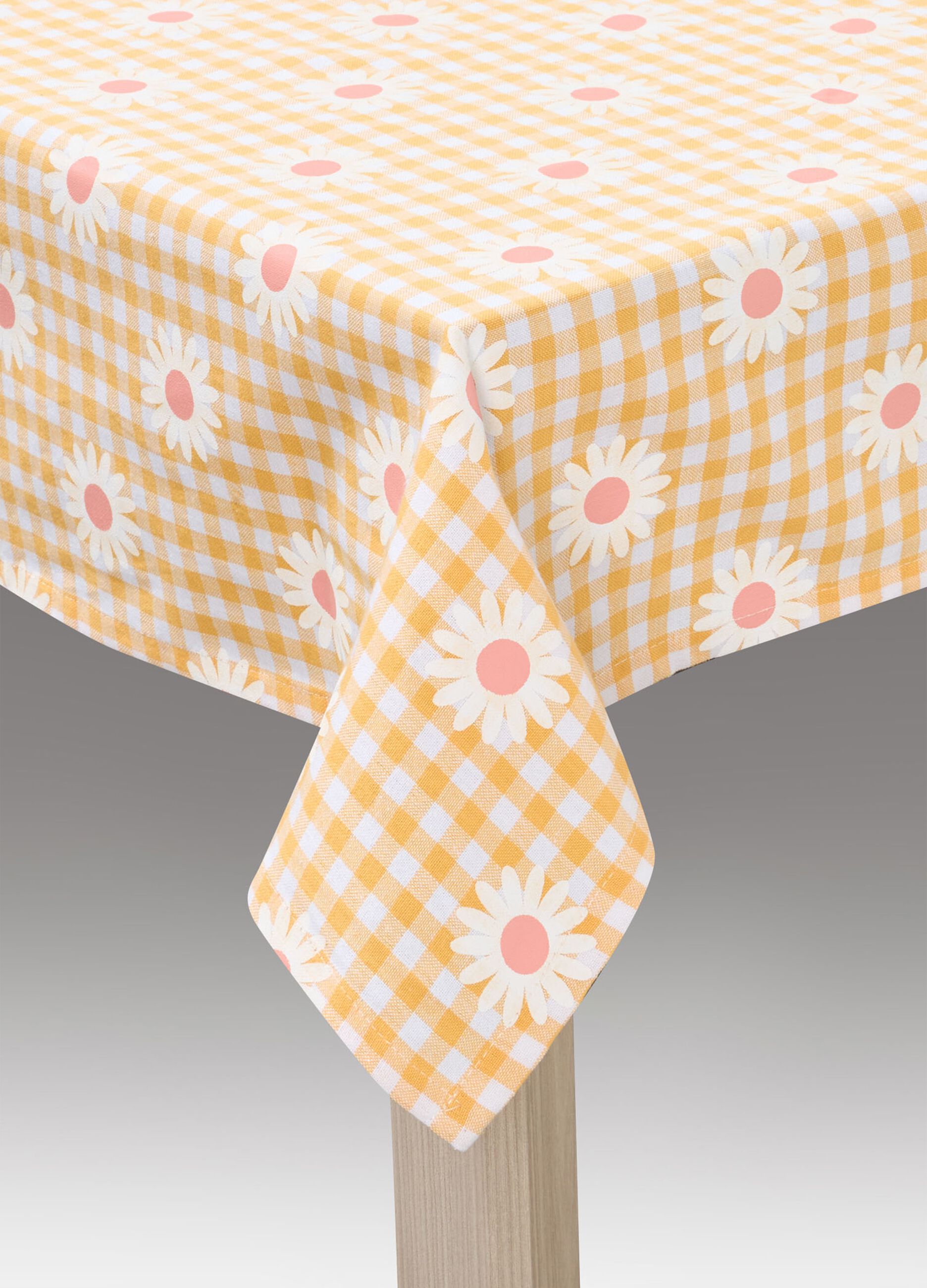 4-seater tablecloth in cotton with check motif and flowers