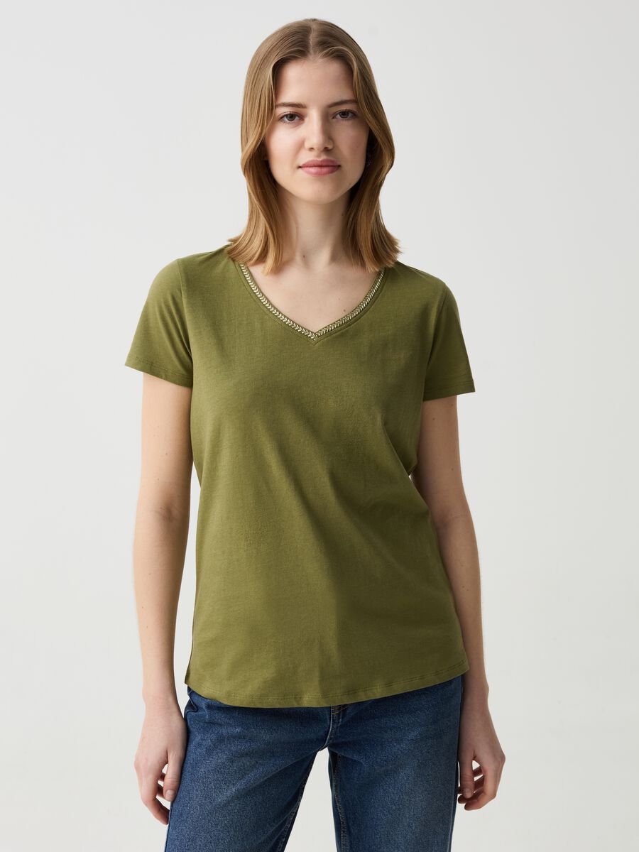 T-shirt with V neck and lurex embroidery_0