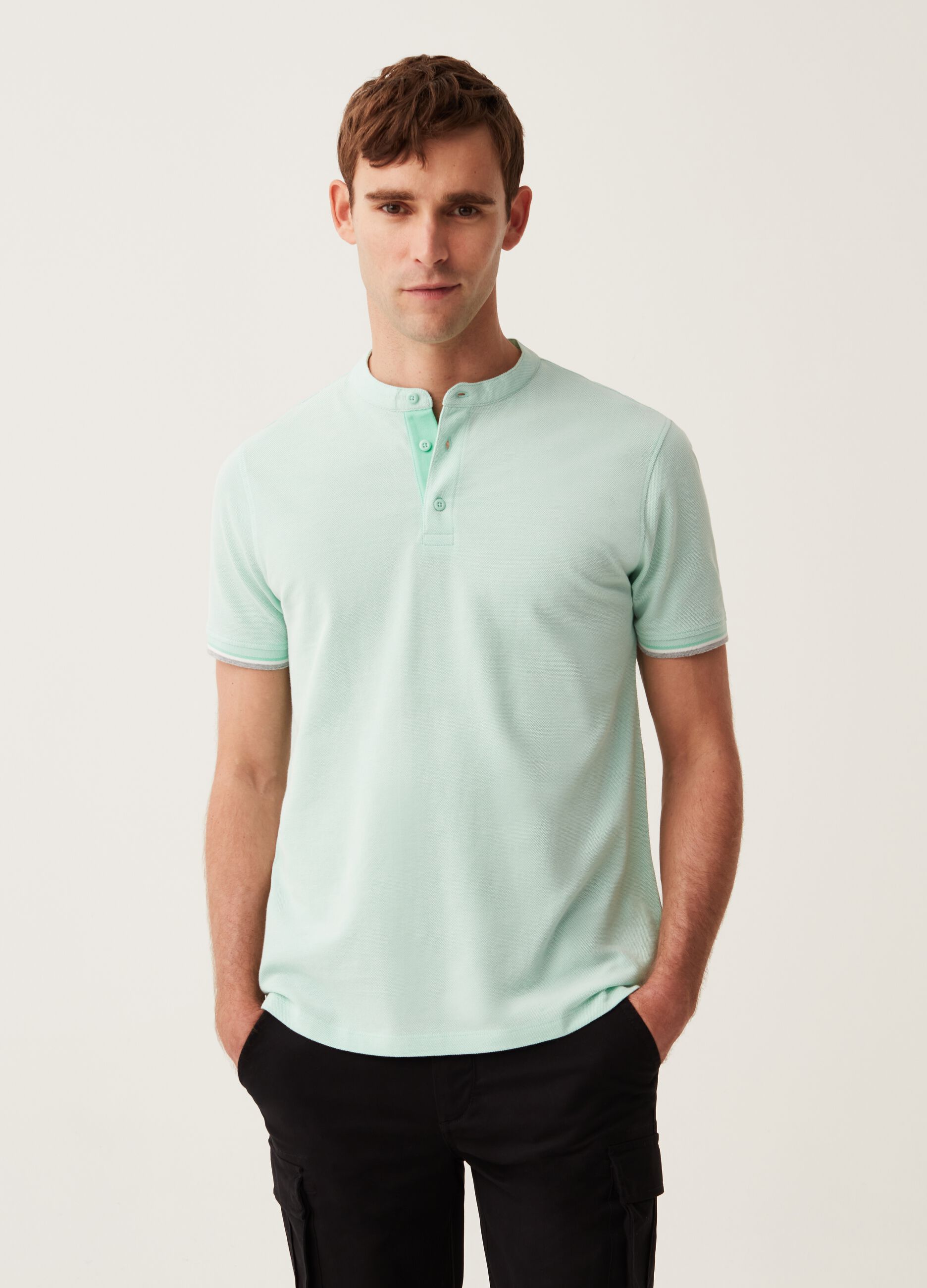 Polo con trama jacquard collo alla coreana_0