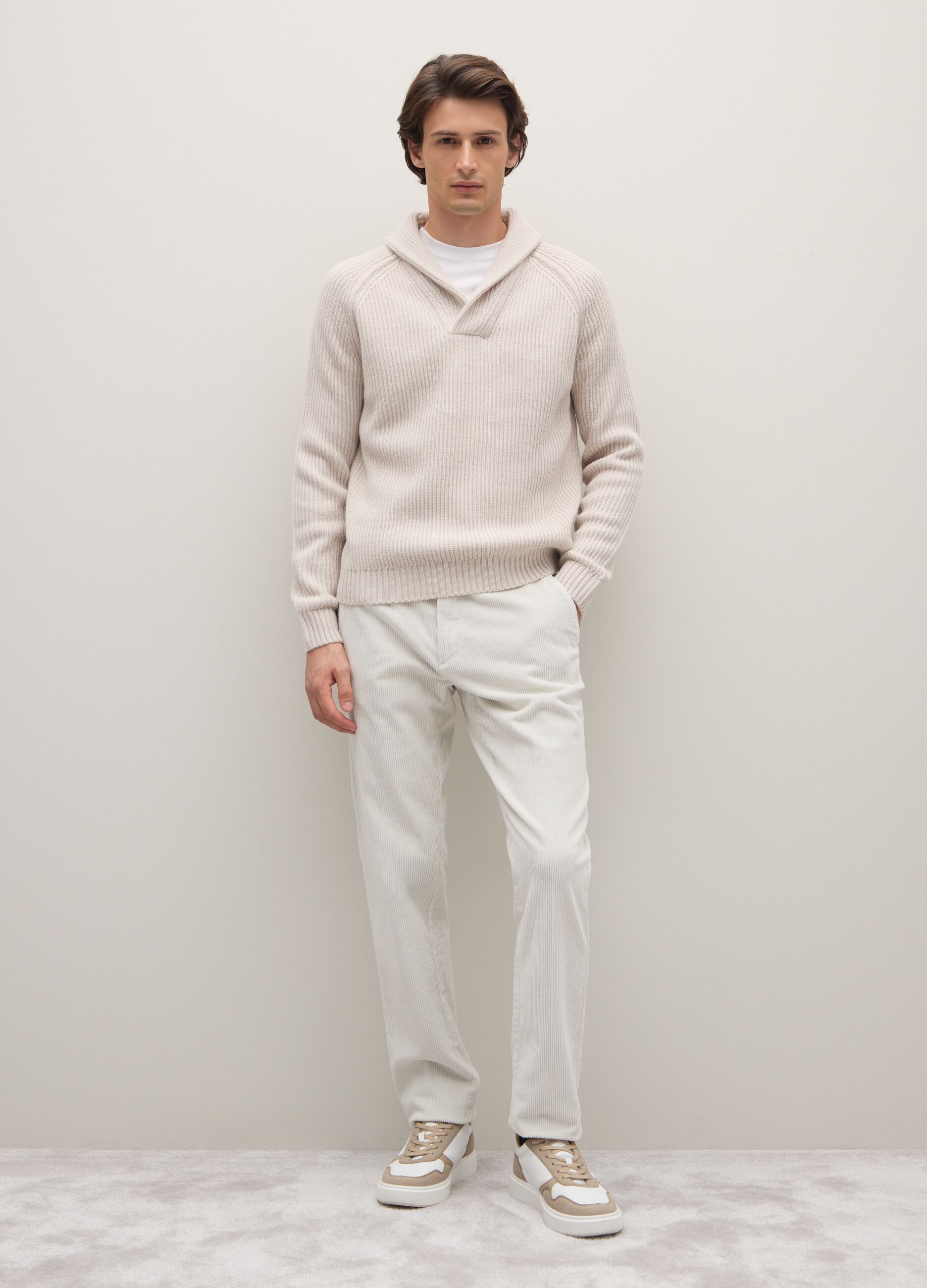 Beige Sweater with Shawl Collar in Wool Blend