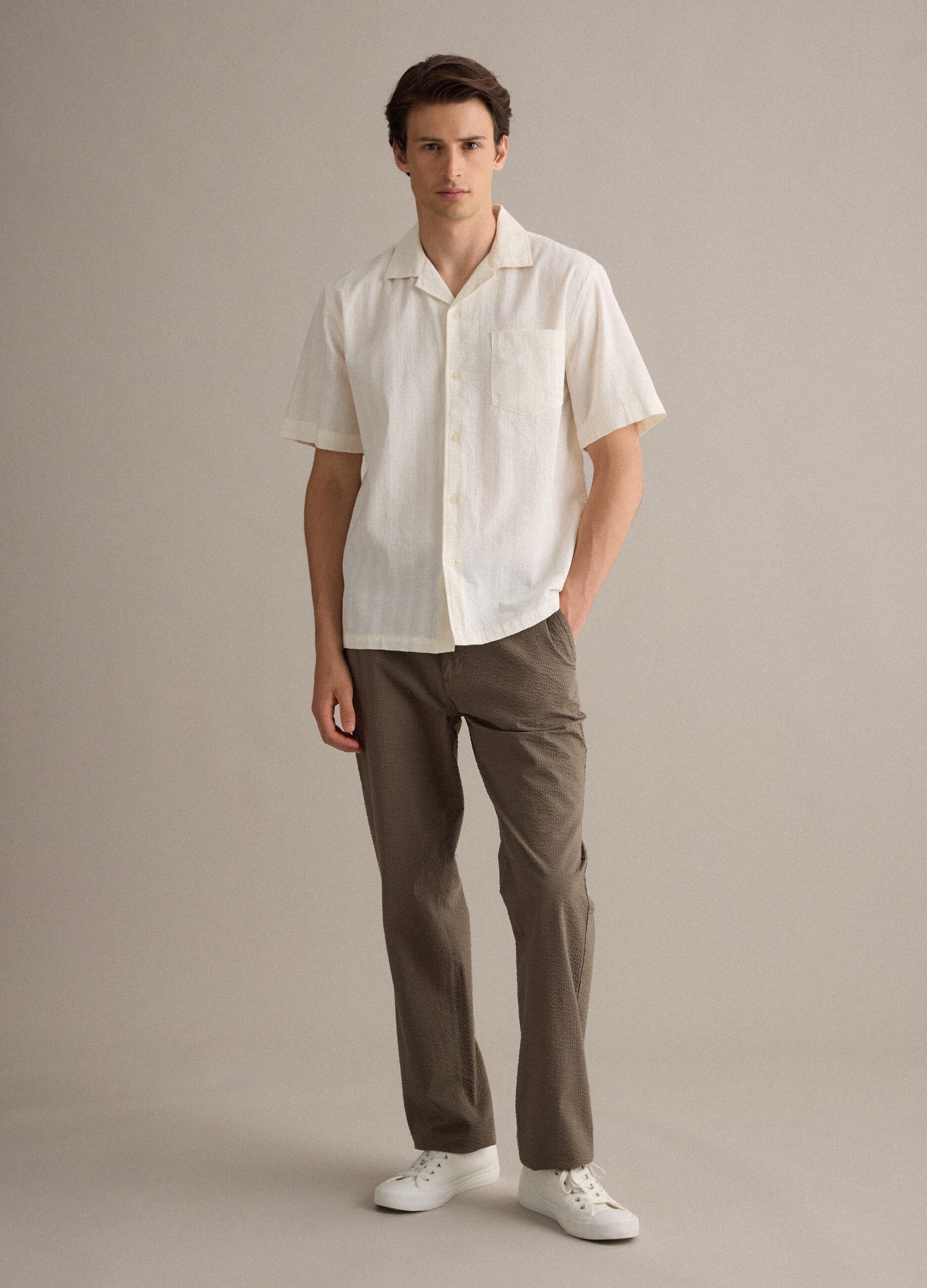 White pure organic cotton bowling-collar shirt, regular fit