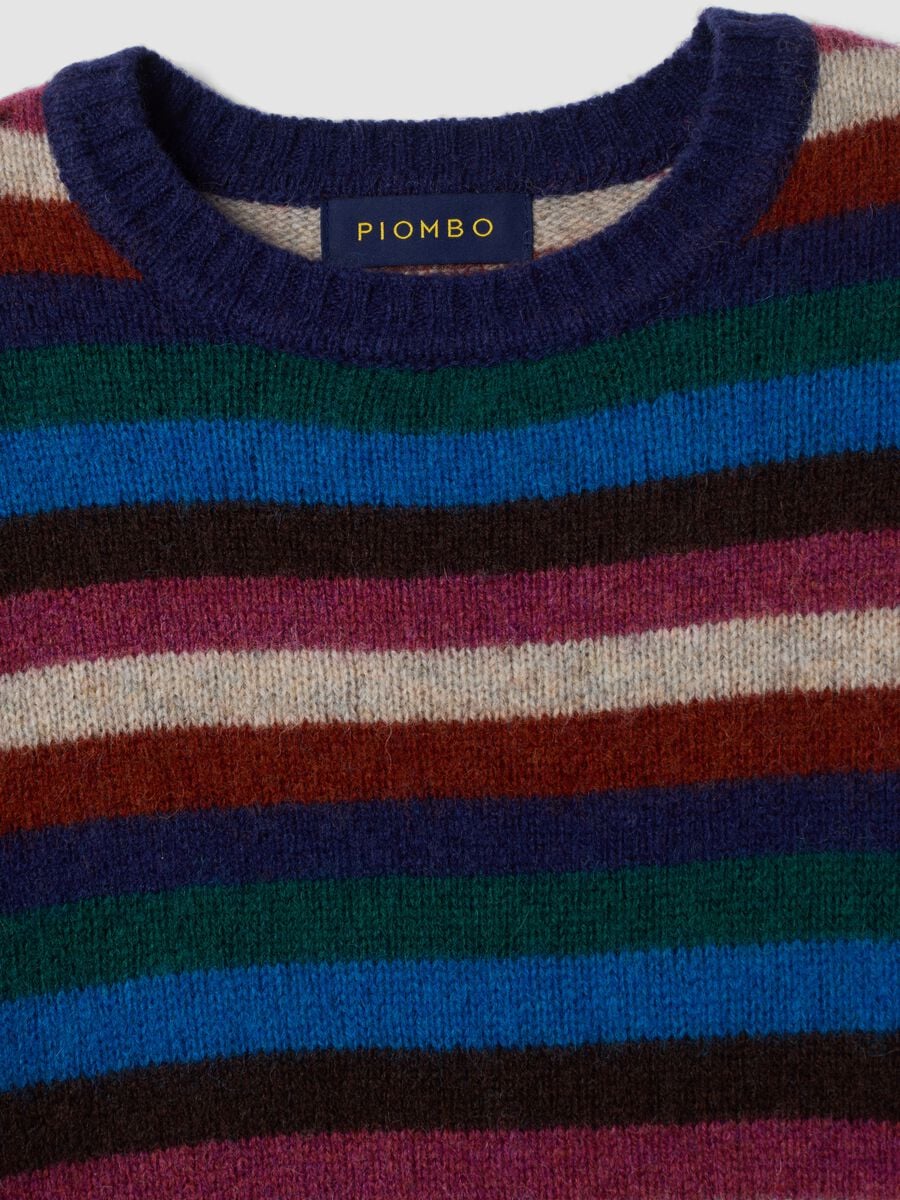 Maglione girocollo blu scuro a righe in pura lana_2