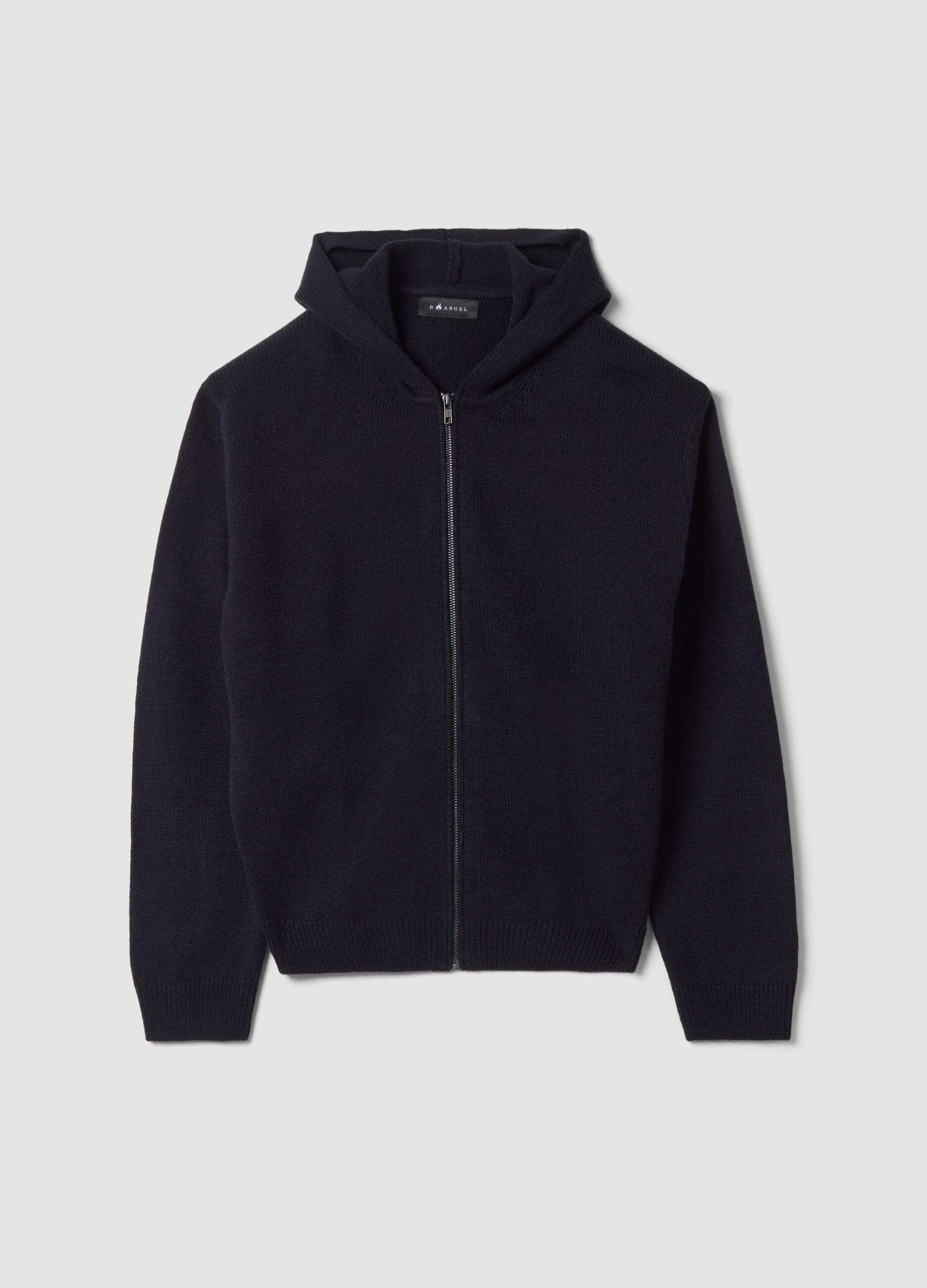 Navy blue hoodie with wool-blend collar and oversized hood