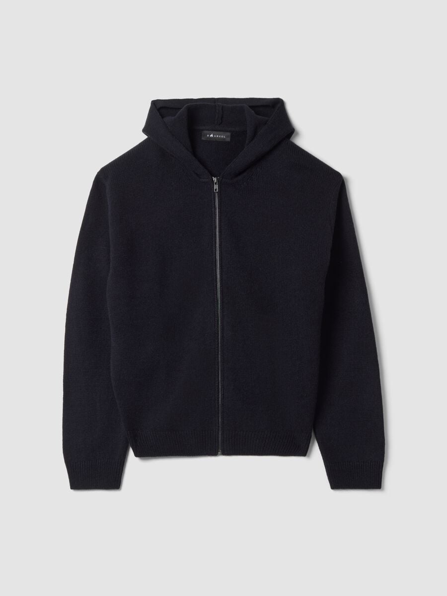 Navy blue hoodie with wool-blend collar and oversized hood_0