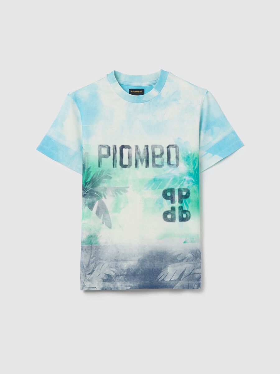 Light blue and blue dip-dye T-shirt with logo and palms print_0