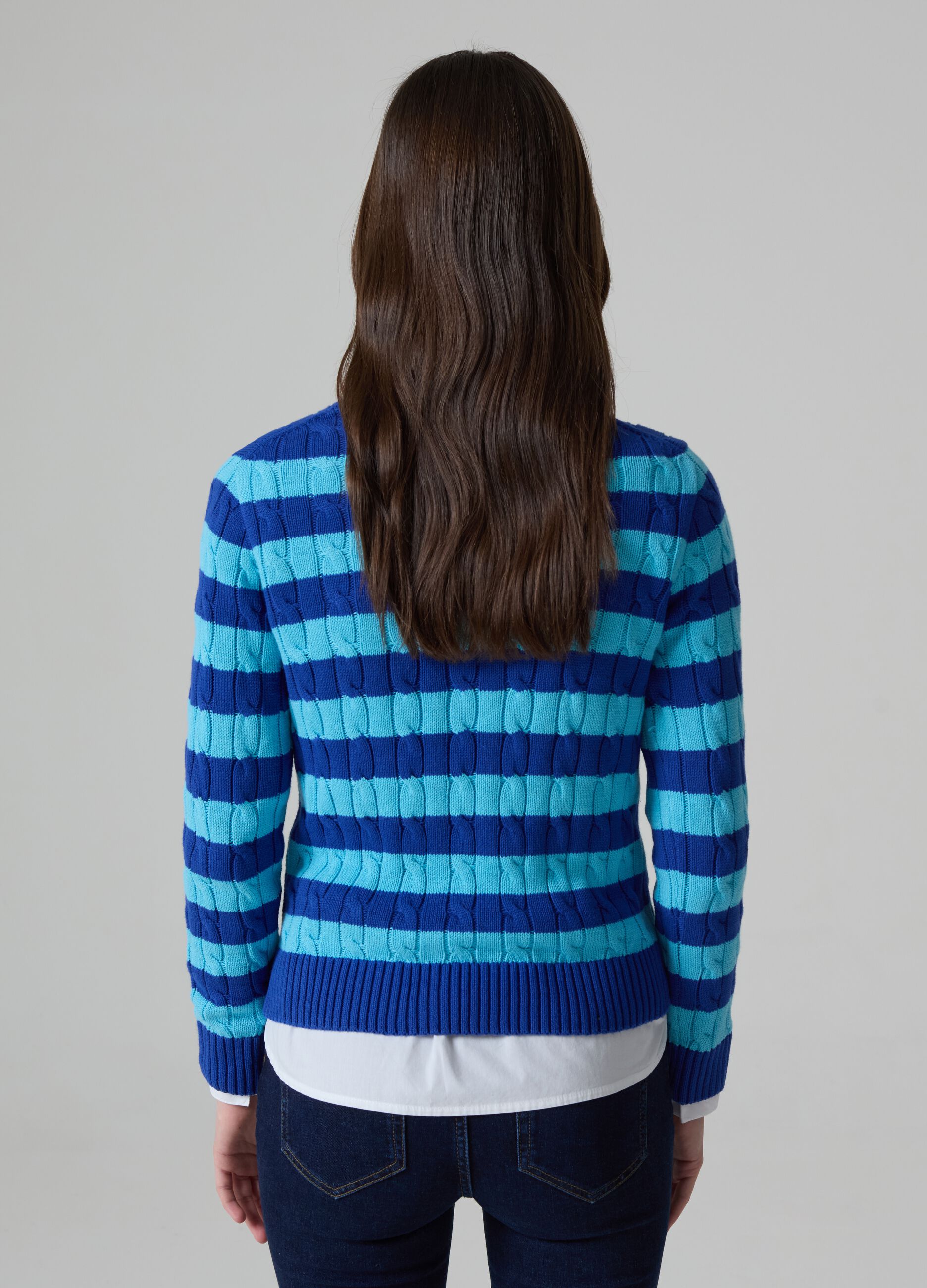 Striped pullover with cable-knit design