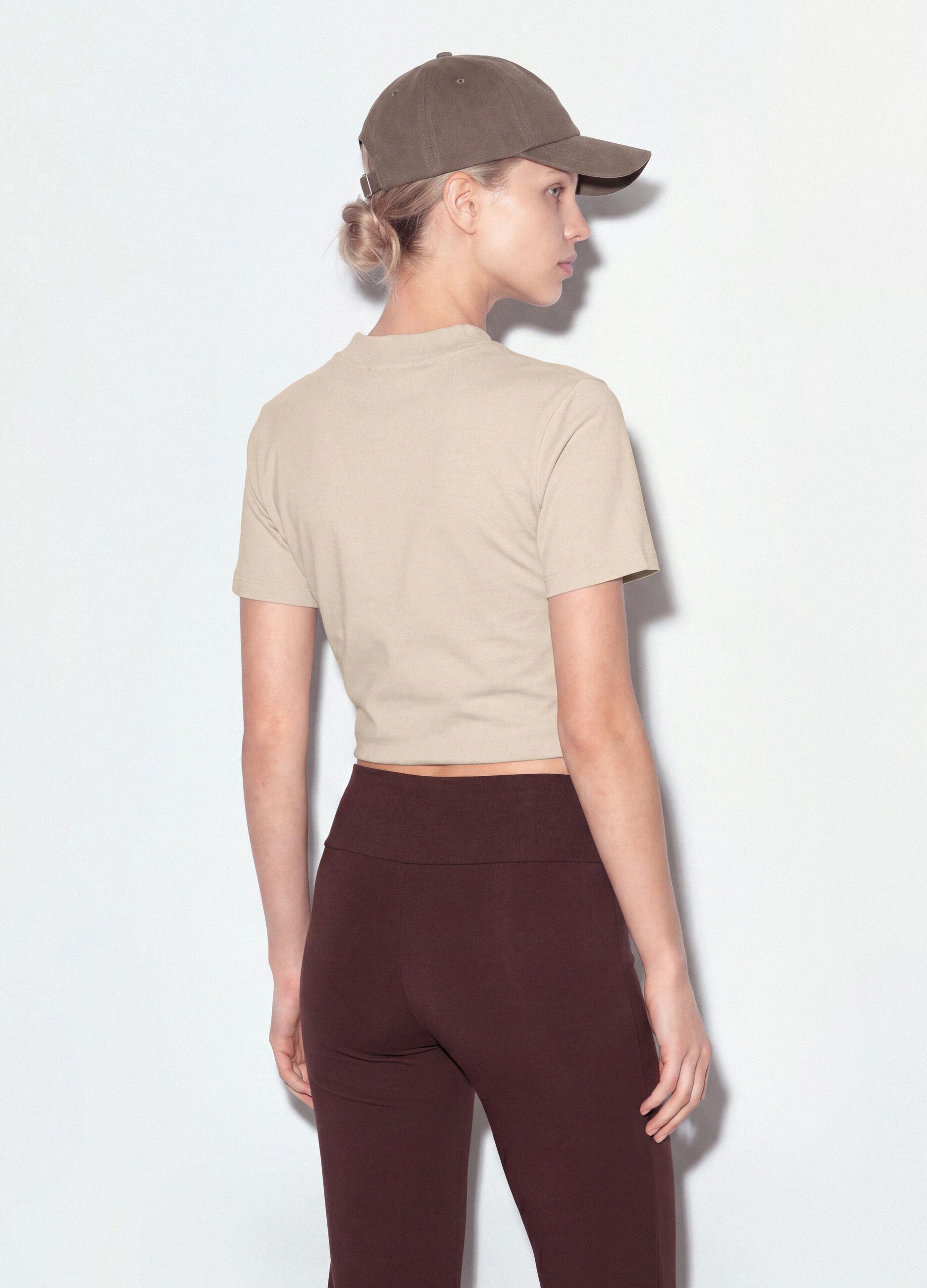 Beige fitted stretch-cotton T-shirt with high neck