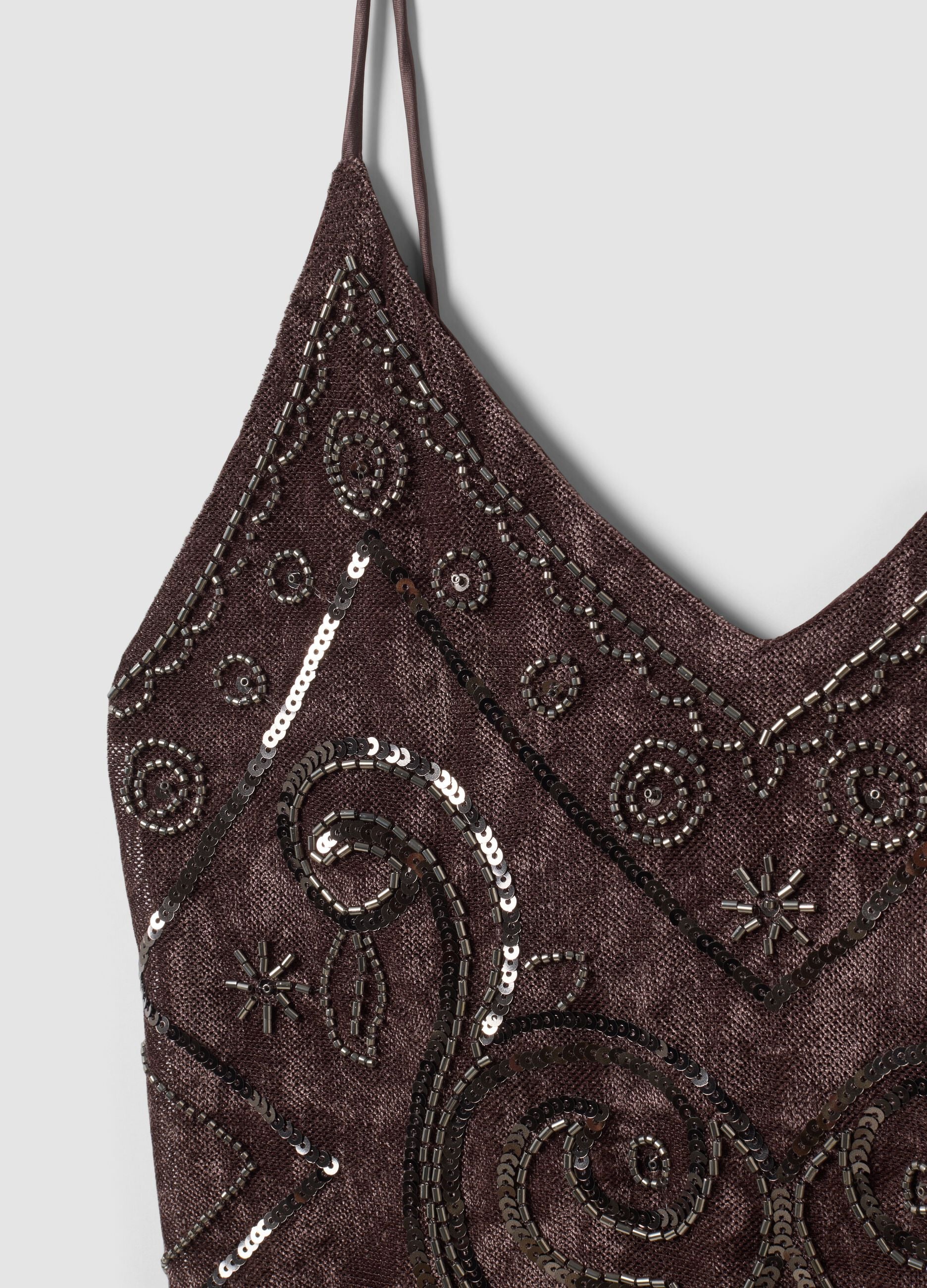Brown fitted sequin stretch tank top