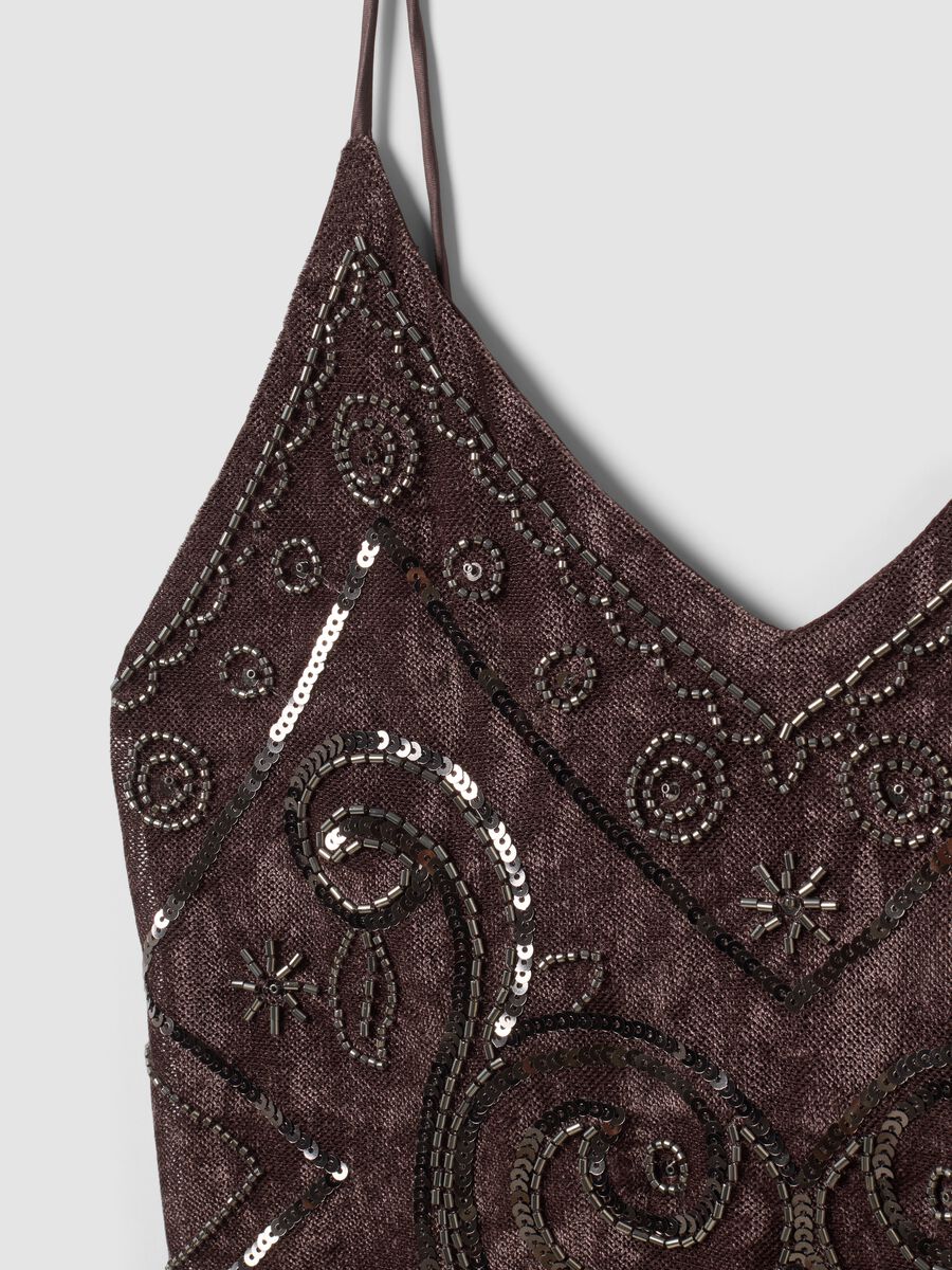 Tank Top marrone in tessuto elasticizzato con paillettes fitted_5