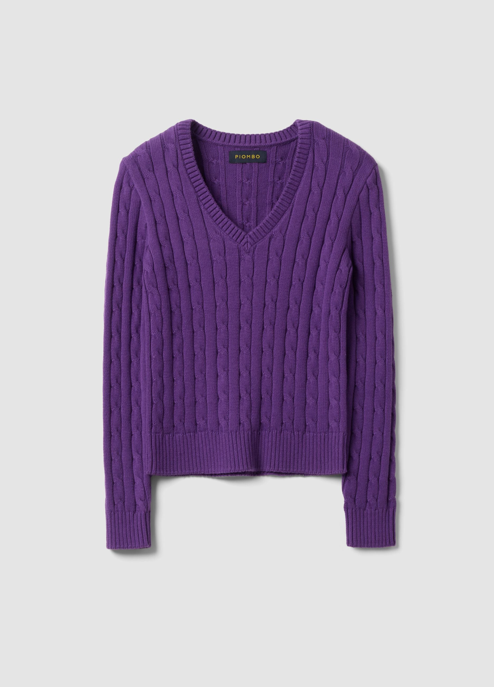 Purple pure cotton cable-knit jumper with deep V-neck