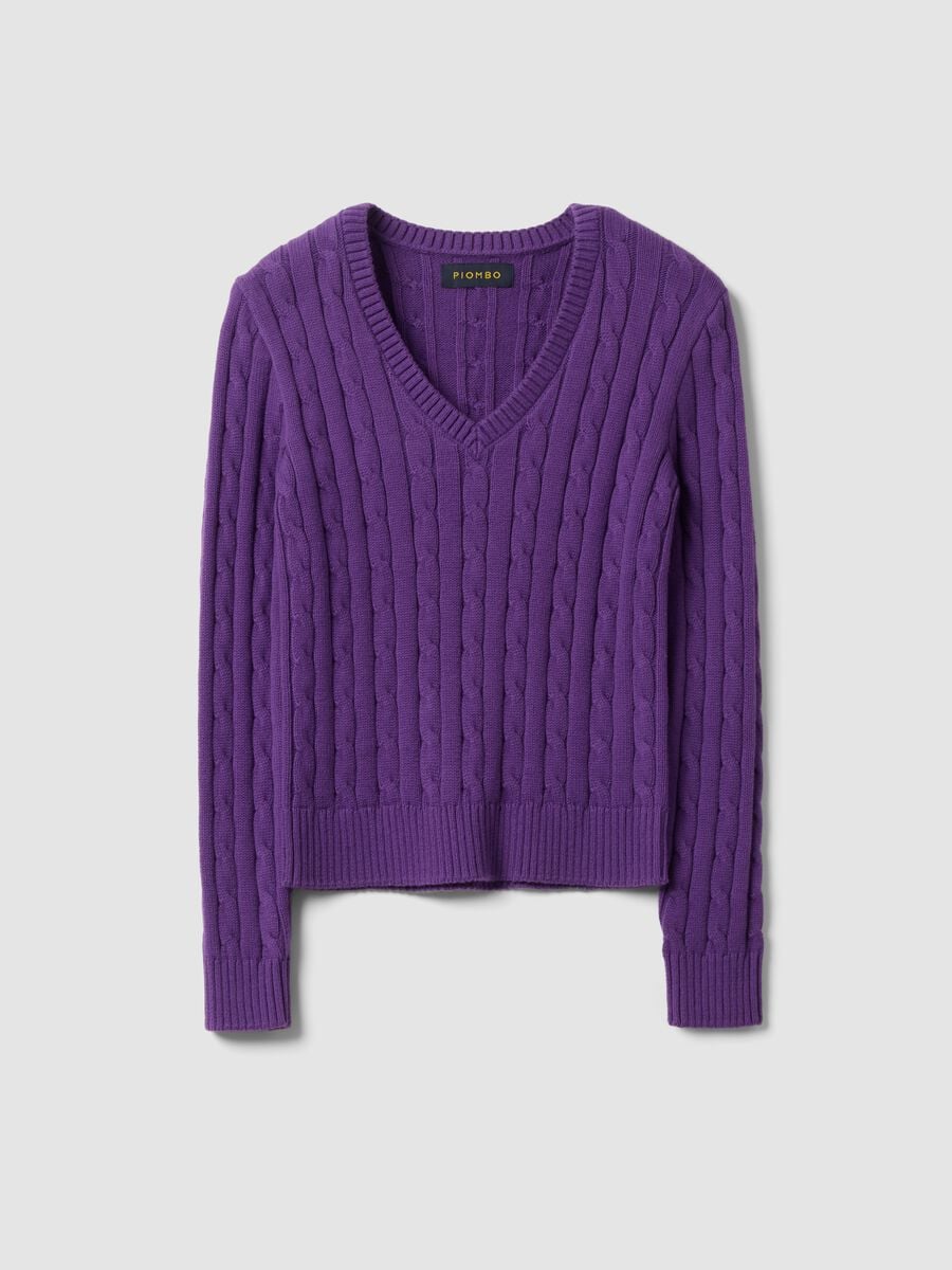 Maglia viola in puro cotone a trecce con scollo profondo a V_4