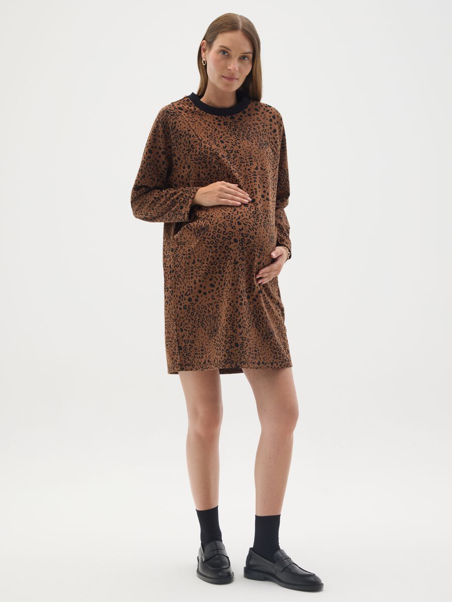 Abito premaman marrone fantasia animalier in maglia tessuto_0