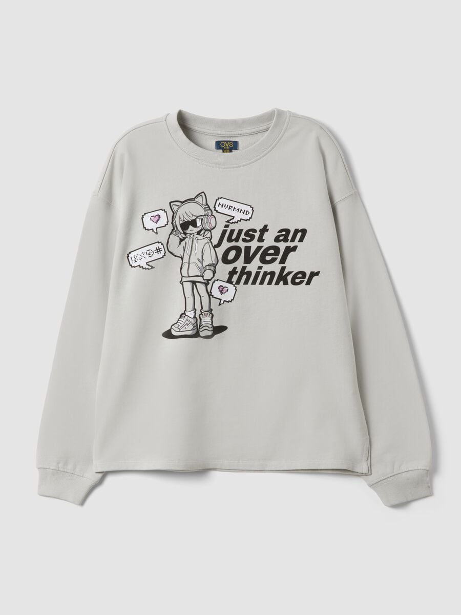 Grey pure cotton sweatshirt with ribbed neckline and print for girls_3