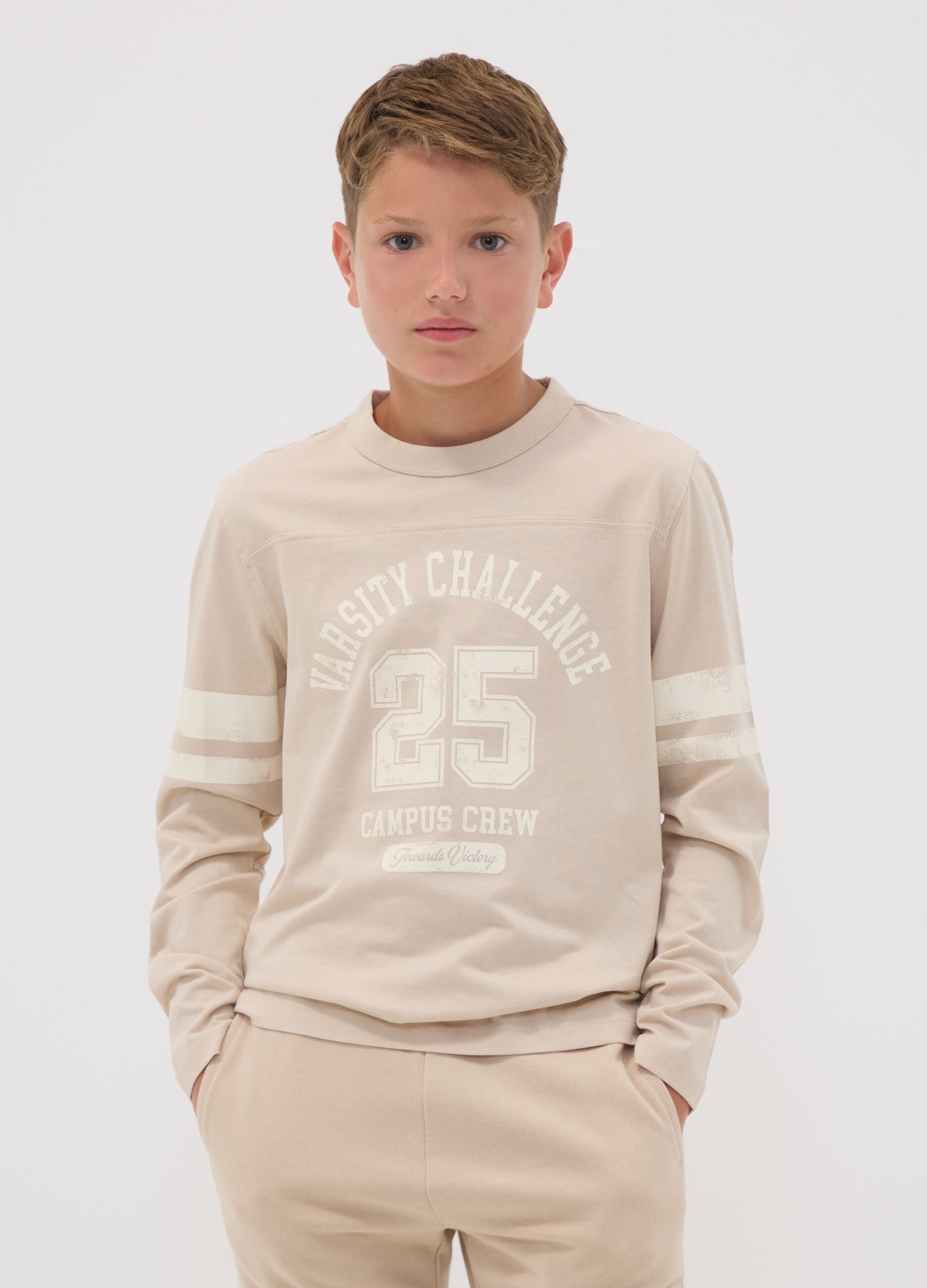 Beige pure organic cotton T-shirt with college print for boys