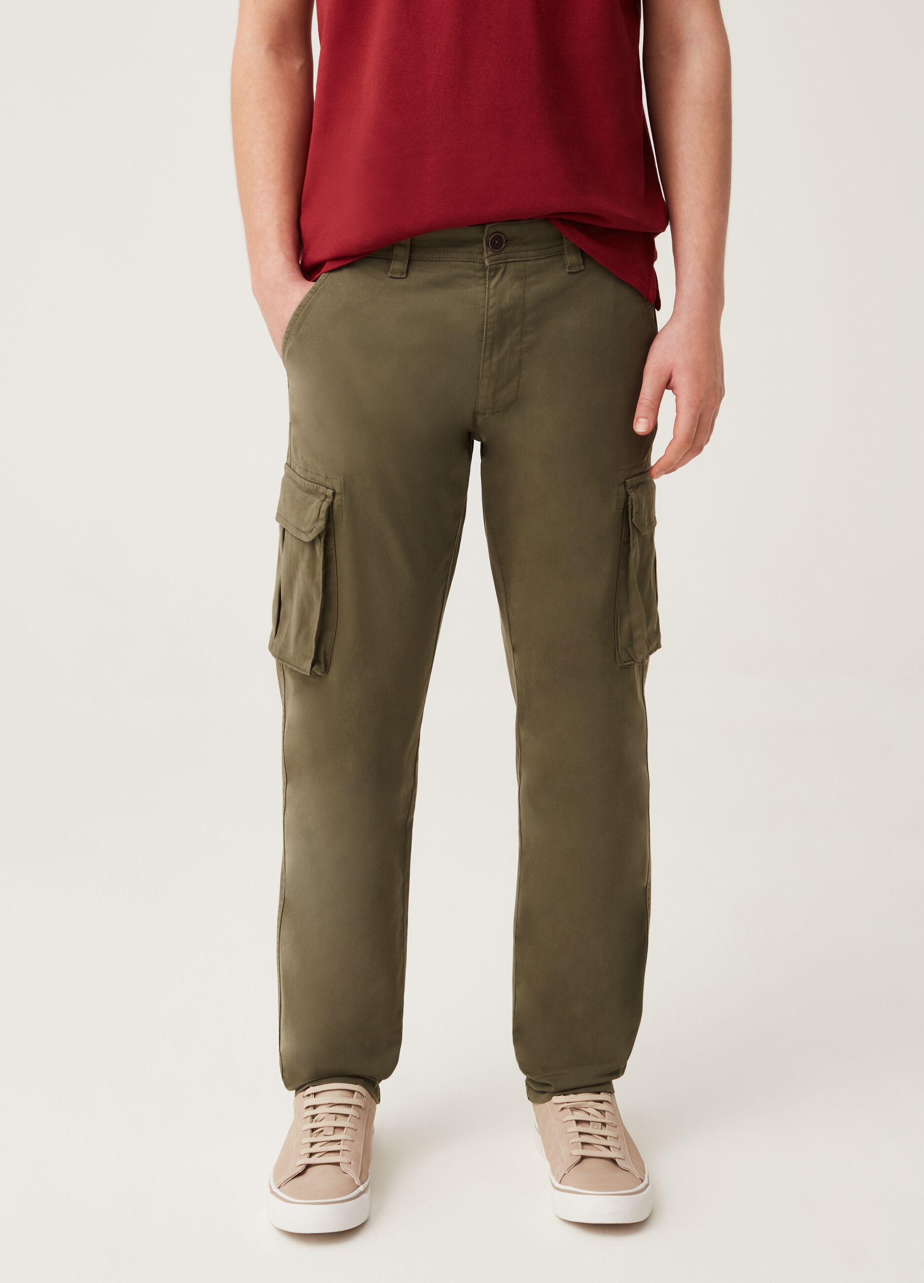 Pantaloni cargo in cotone tinto filo stretch