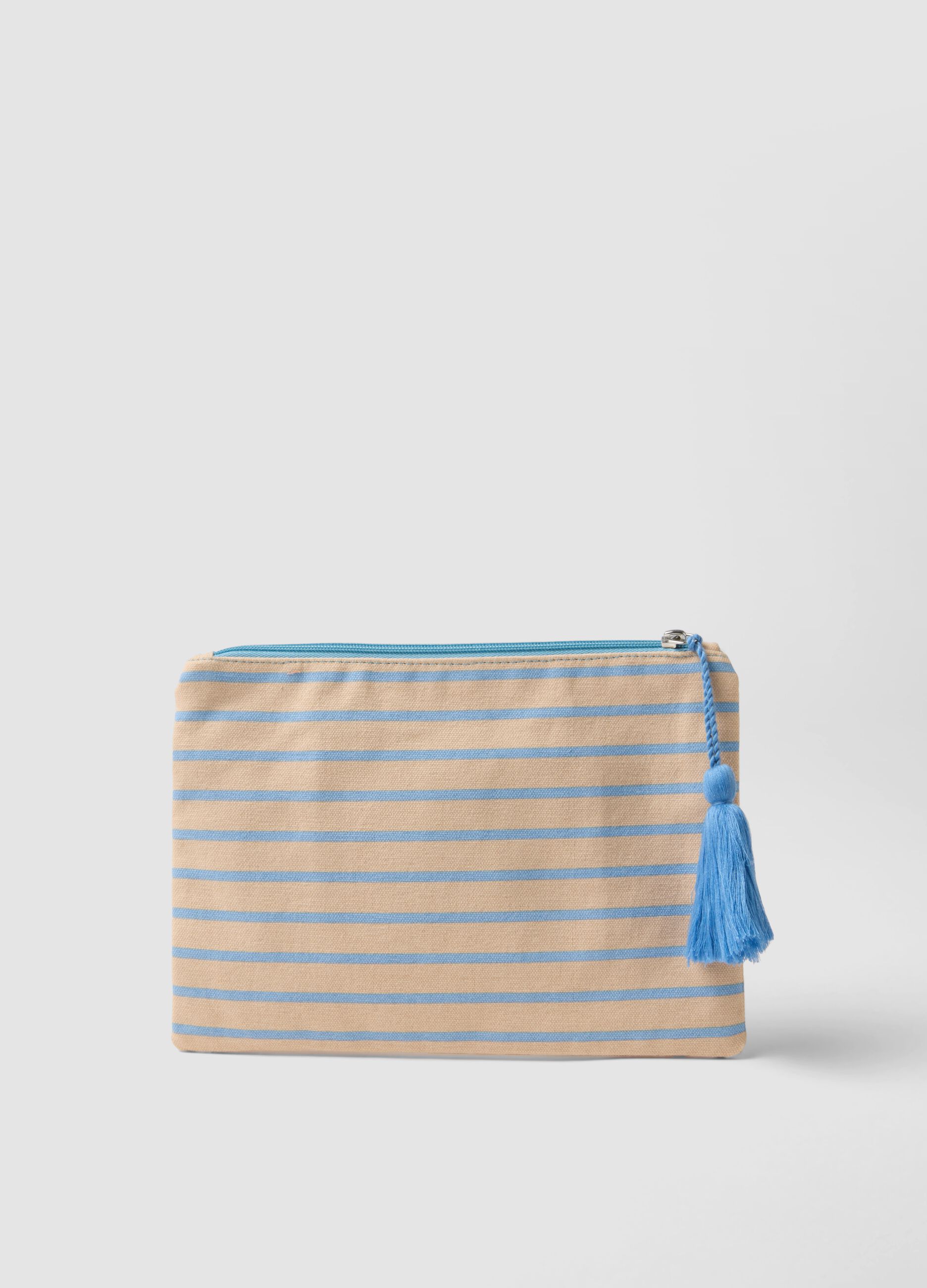 Beige pure cotton pouch with light blue stripes, tassel and zip