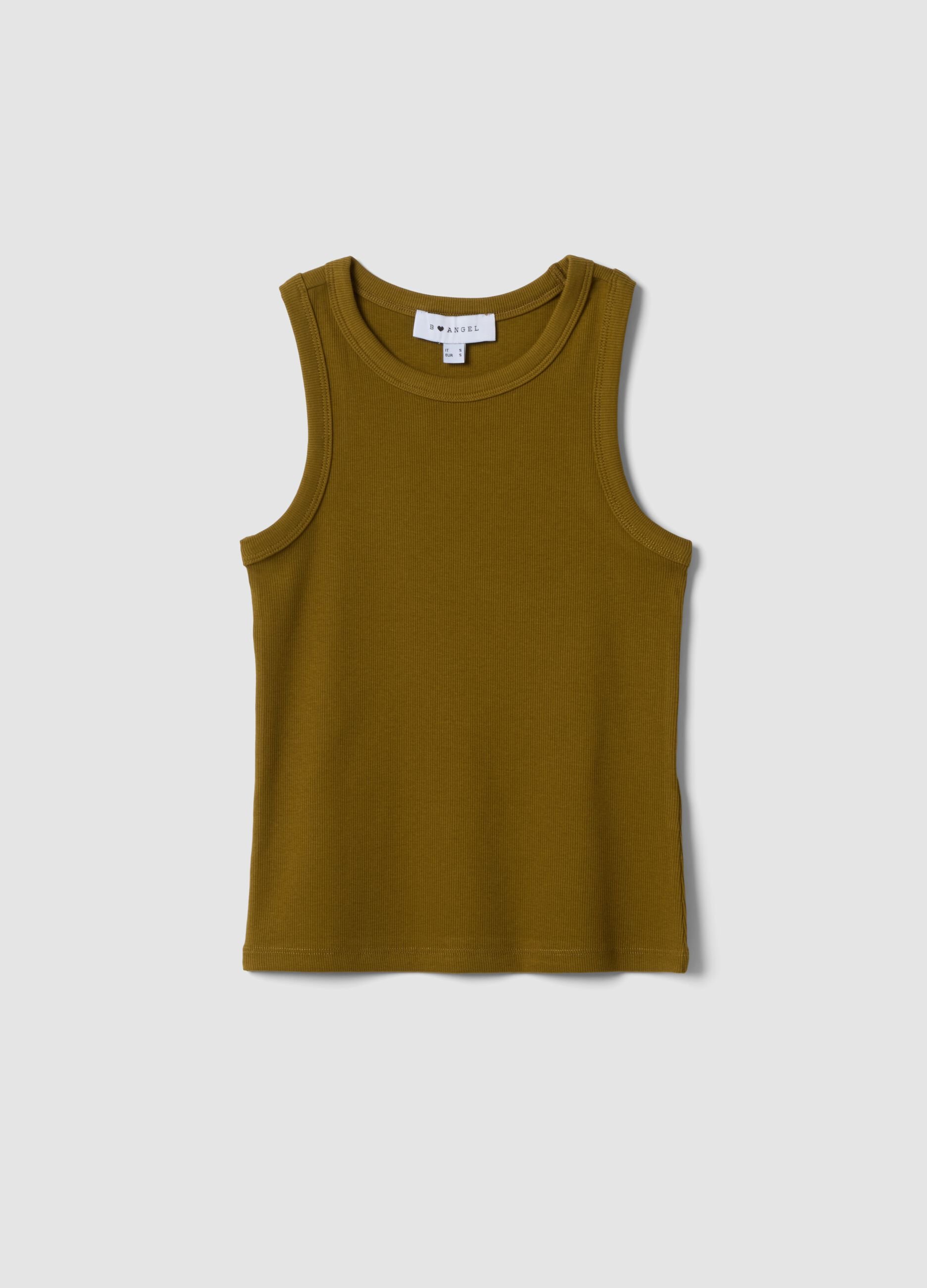 Green fitted ribbed stretch cotton tank top