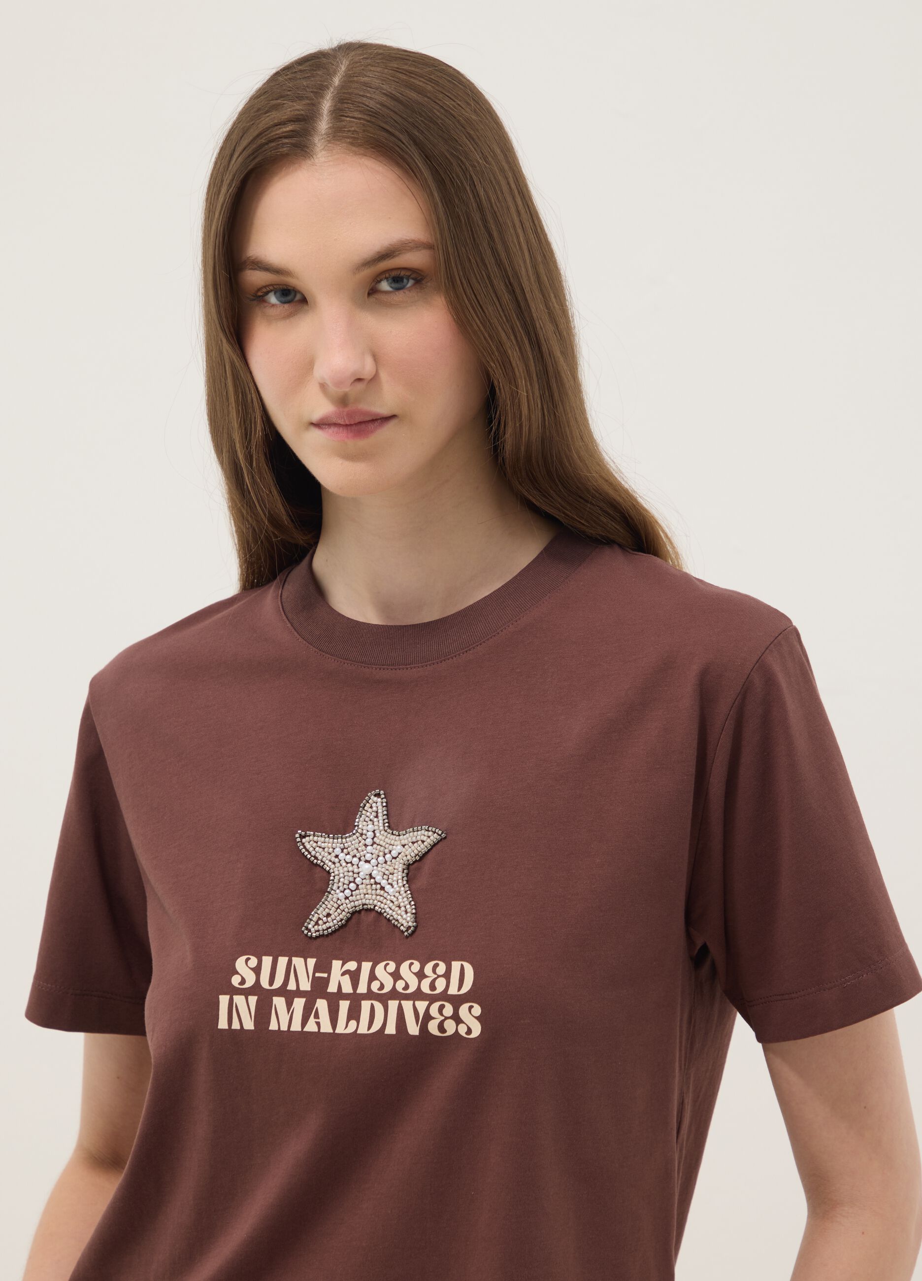 Brown short-sleeved pure cotton T-shirt