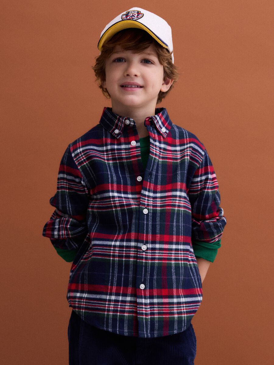 Camicia blu e verde a quadri in puro cotone_0