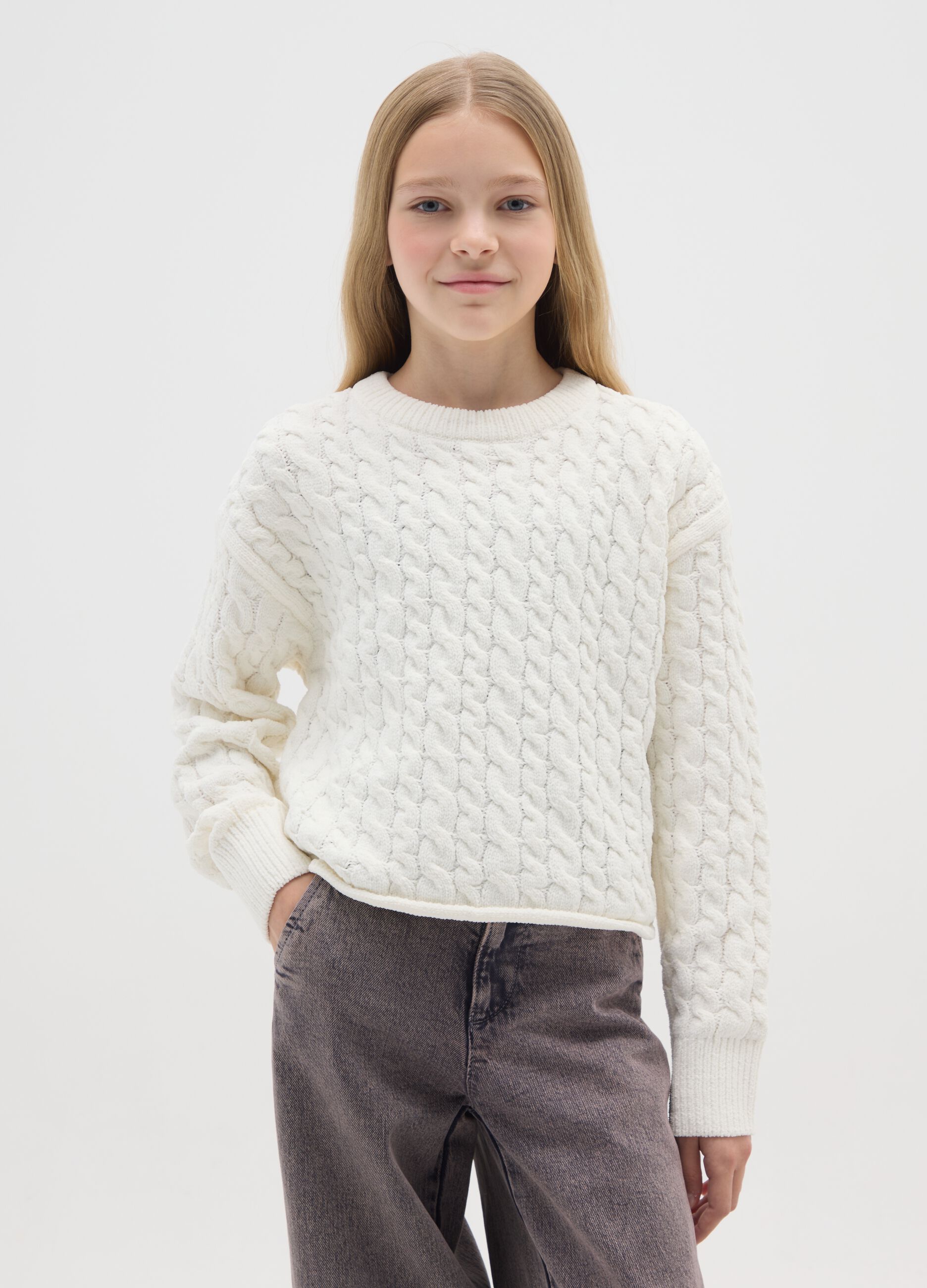 Girls' pure white wool regular fit high-neck sweater