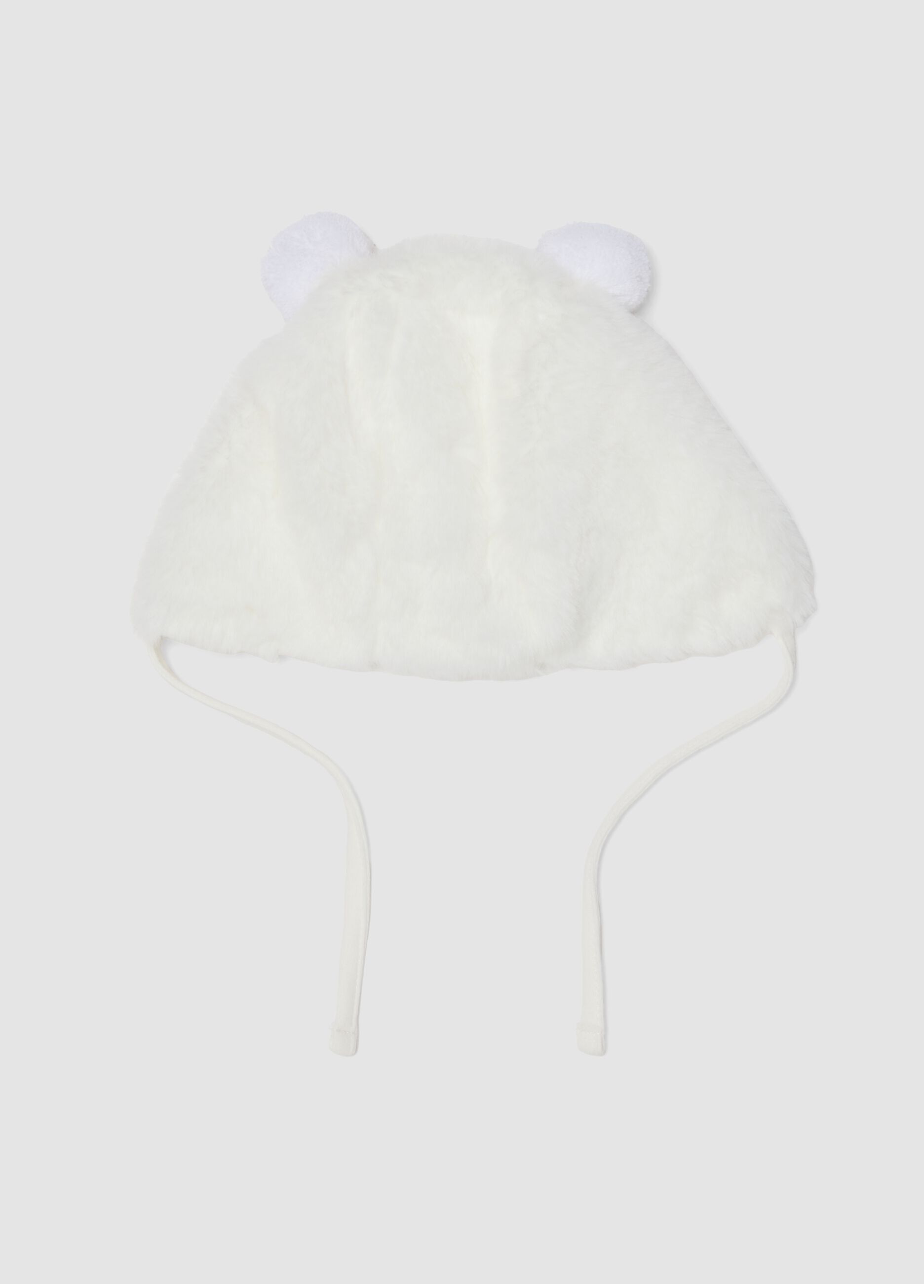 White organic cotton teddy-effect hat for baby girl
