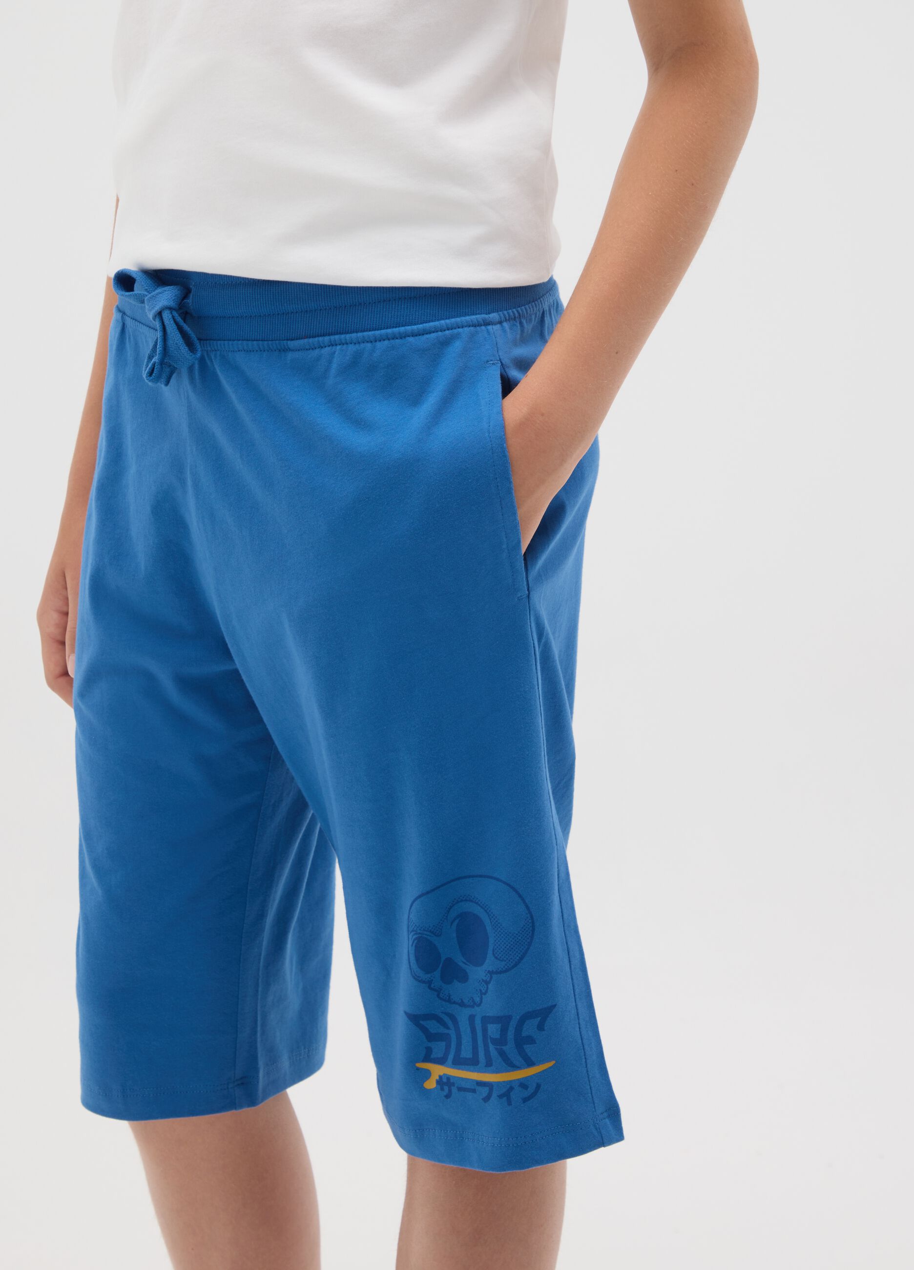 Boys' blue regular fit pure cotton shorts with elastic waistband