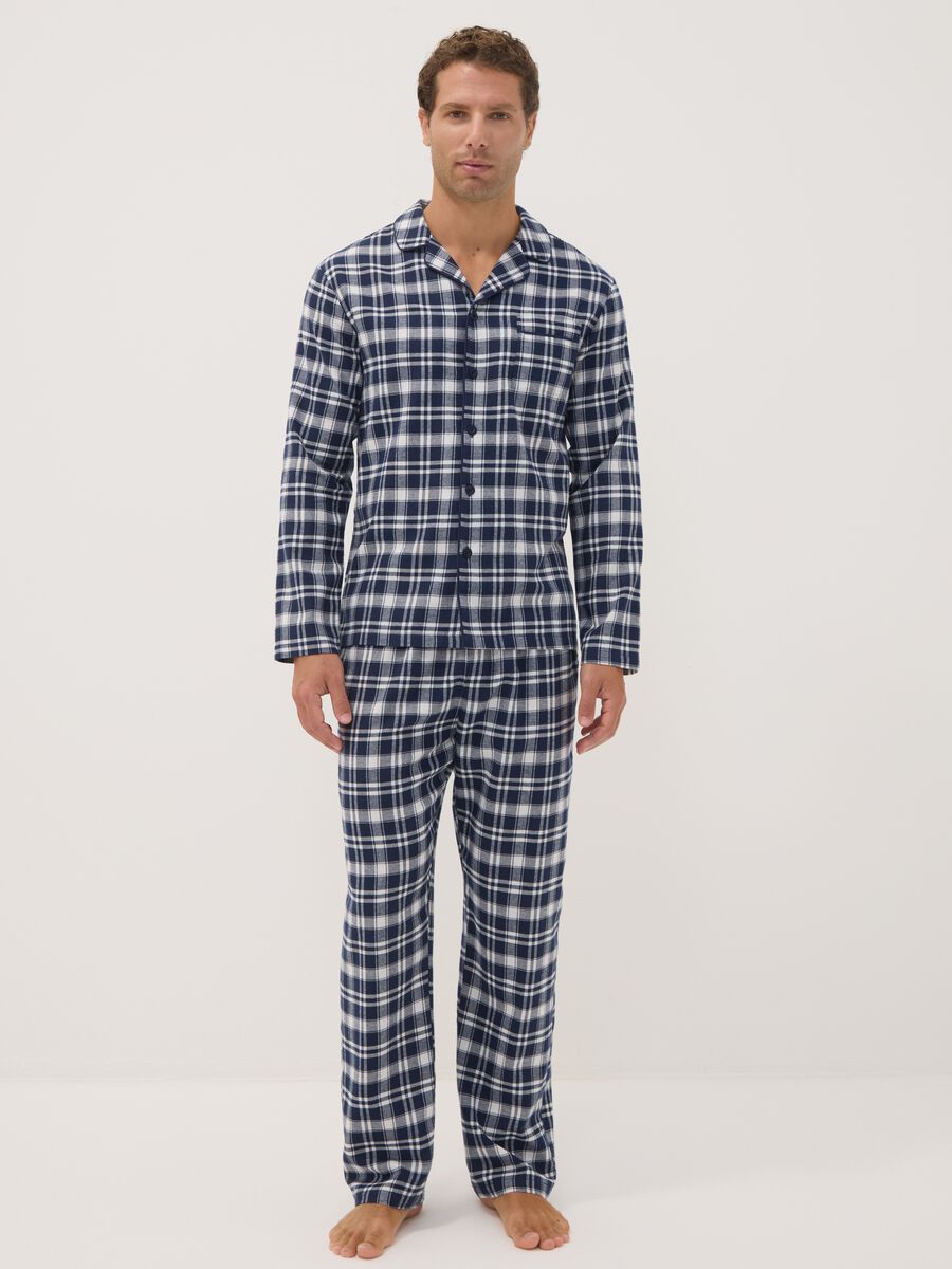 Pigiama bianco e blu in flanella di puro cotone organico regular fit_0
