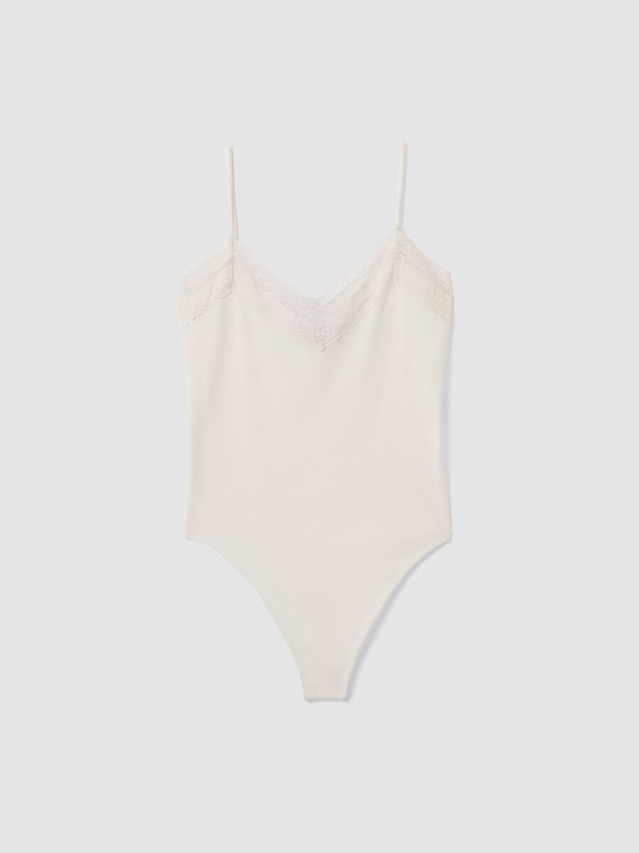 White fitted stretch-cotton bodysuit with lace_0