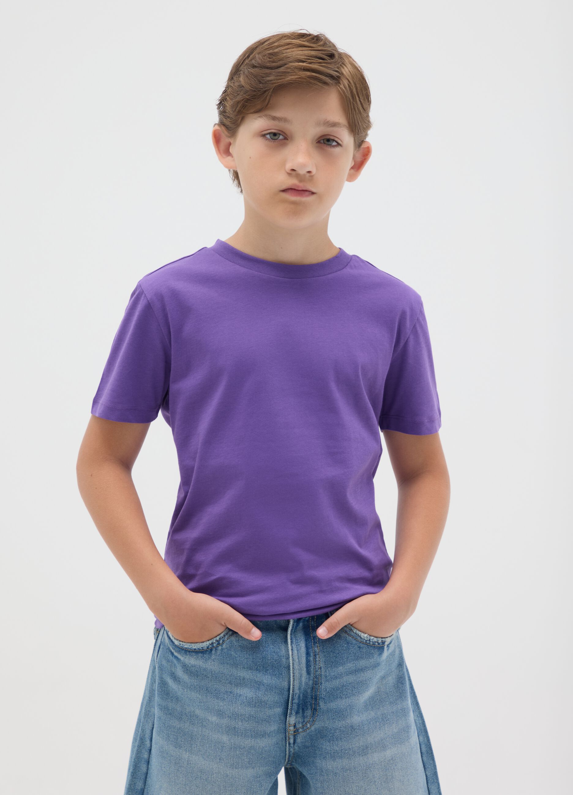OVS Kids Purple Crew Neck T-shirt in Pure Cotton