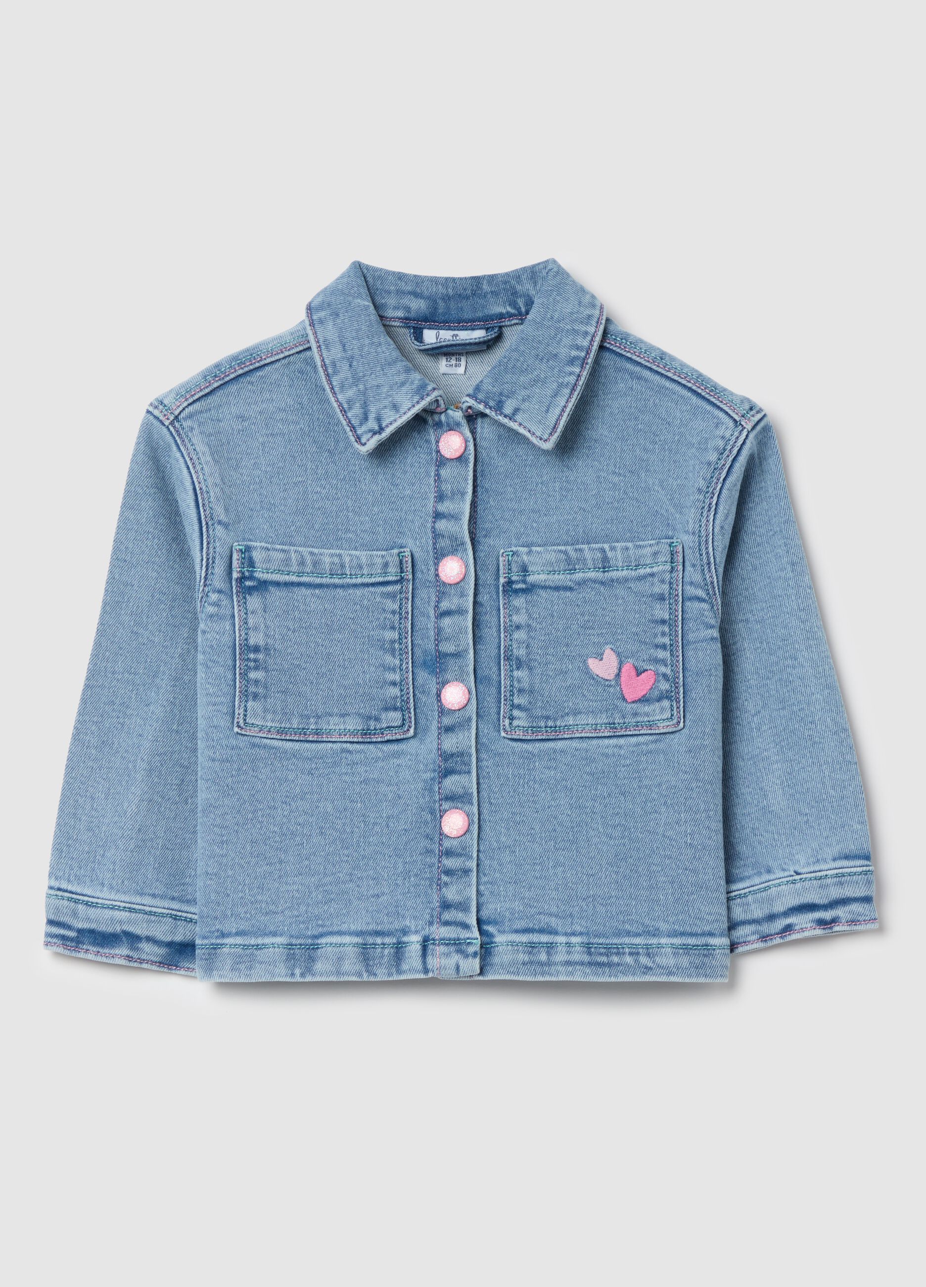 Denim jacket with pockets and hearts embroidery
