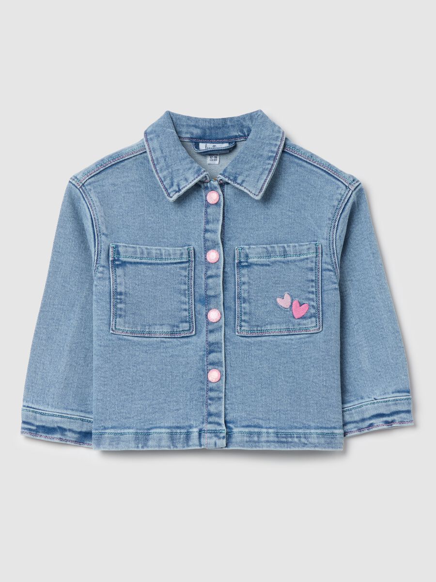 Denim jacket with pockets and hearts embroidery_0