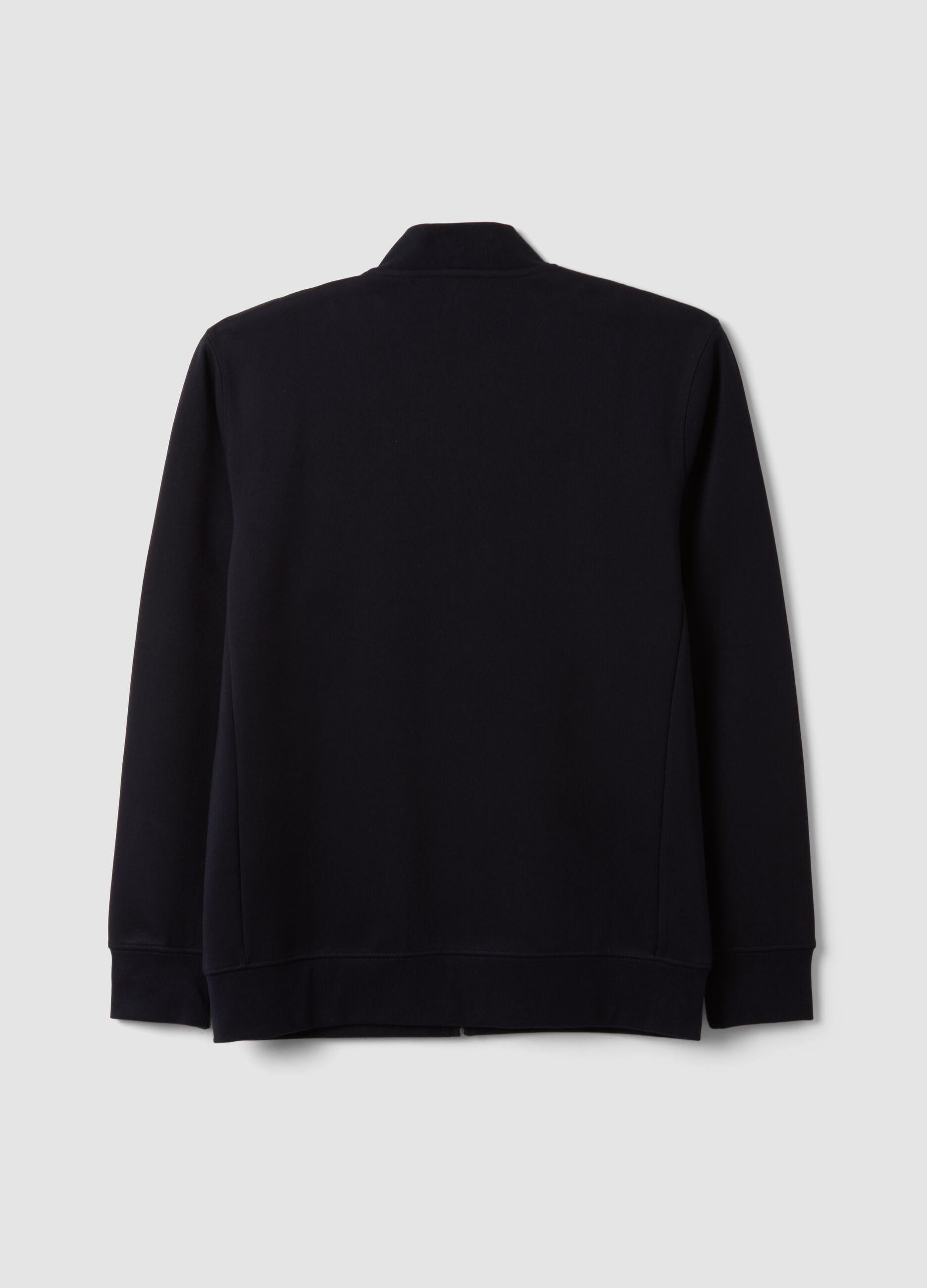 Navy full-zip sweatshirt in stretch piqu&eacute; with ribbed collar