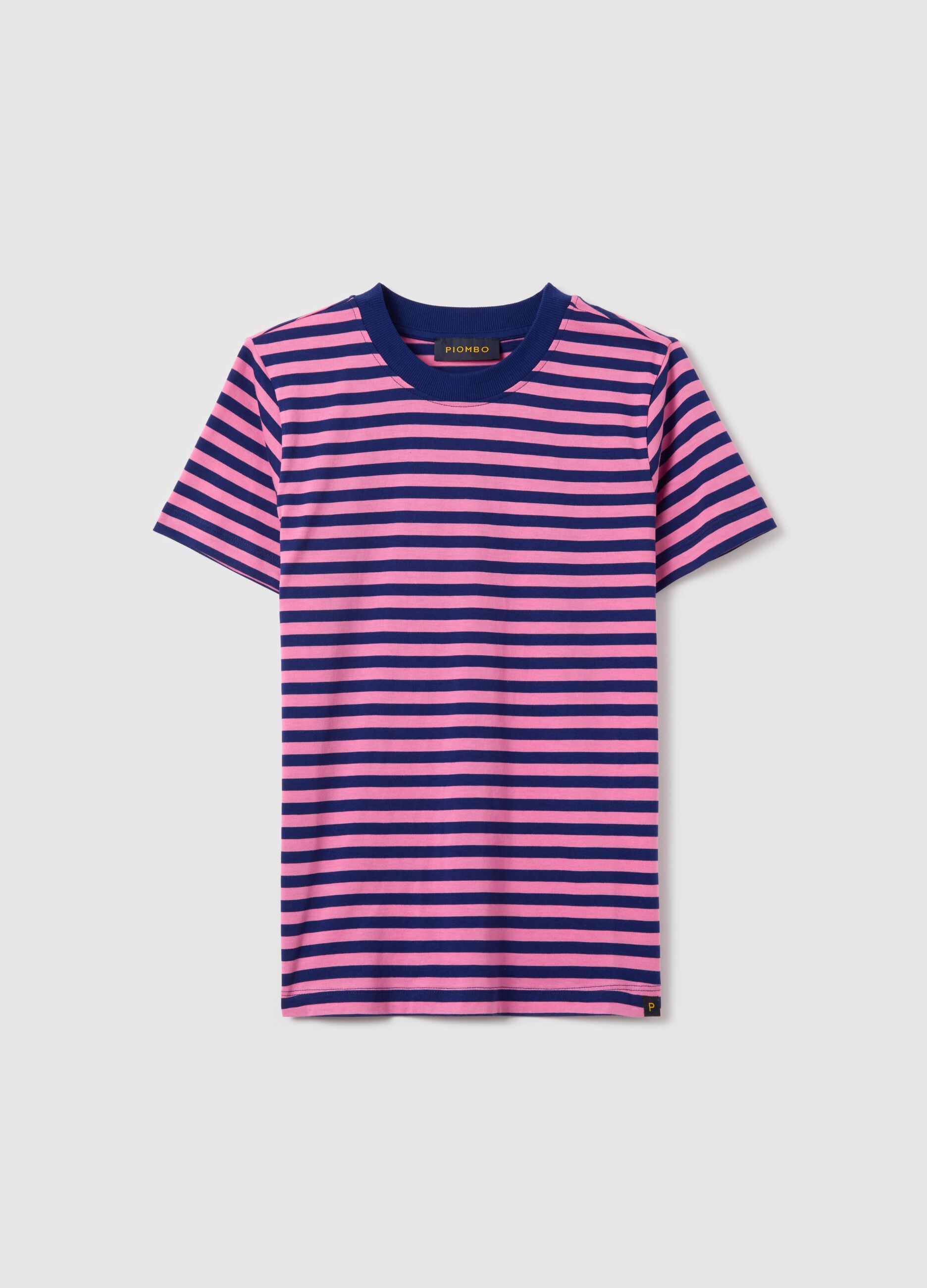 Pink and blue striped T-shirt with short sleeves