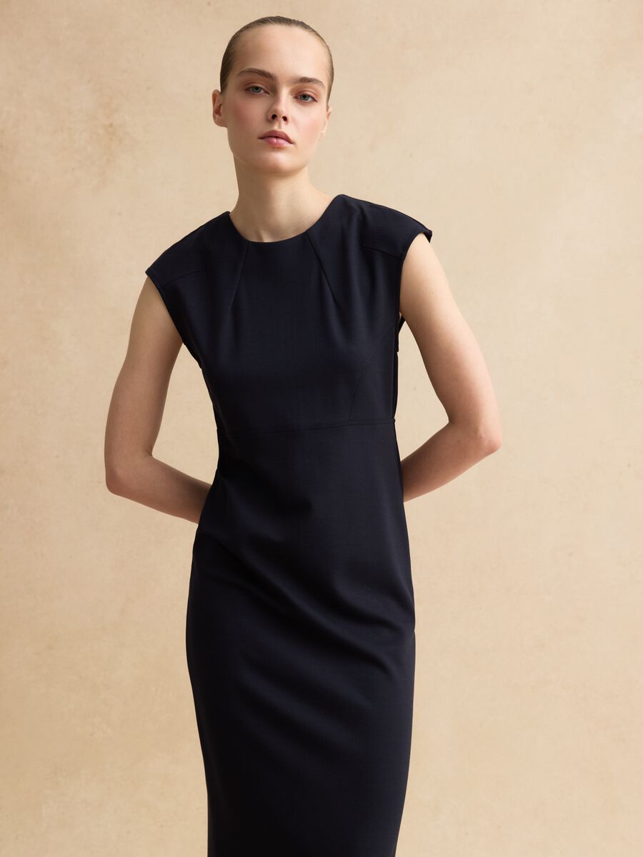 Sleeveless blue viscose blend slim fit dress with zip_3