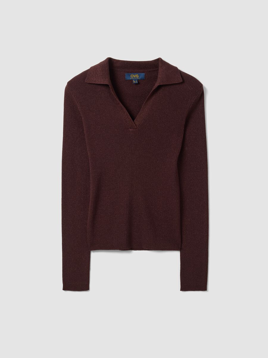 Brown ribbed viscose-blend polo-collar top_4