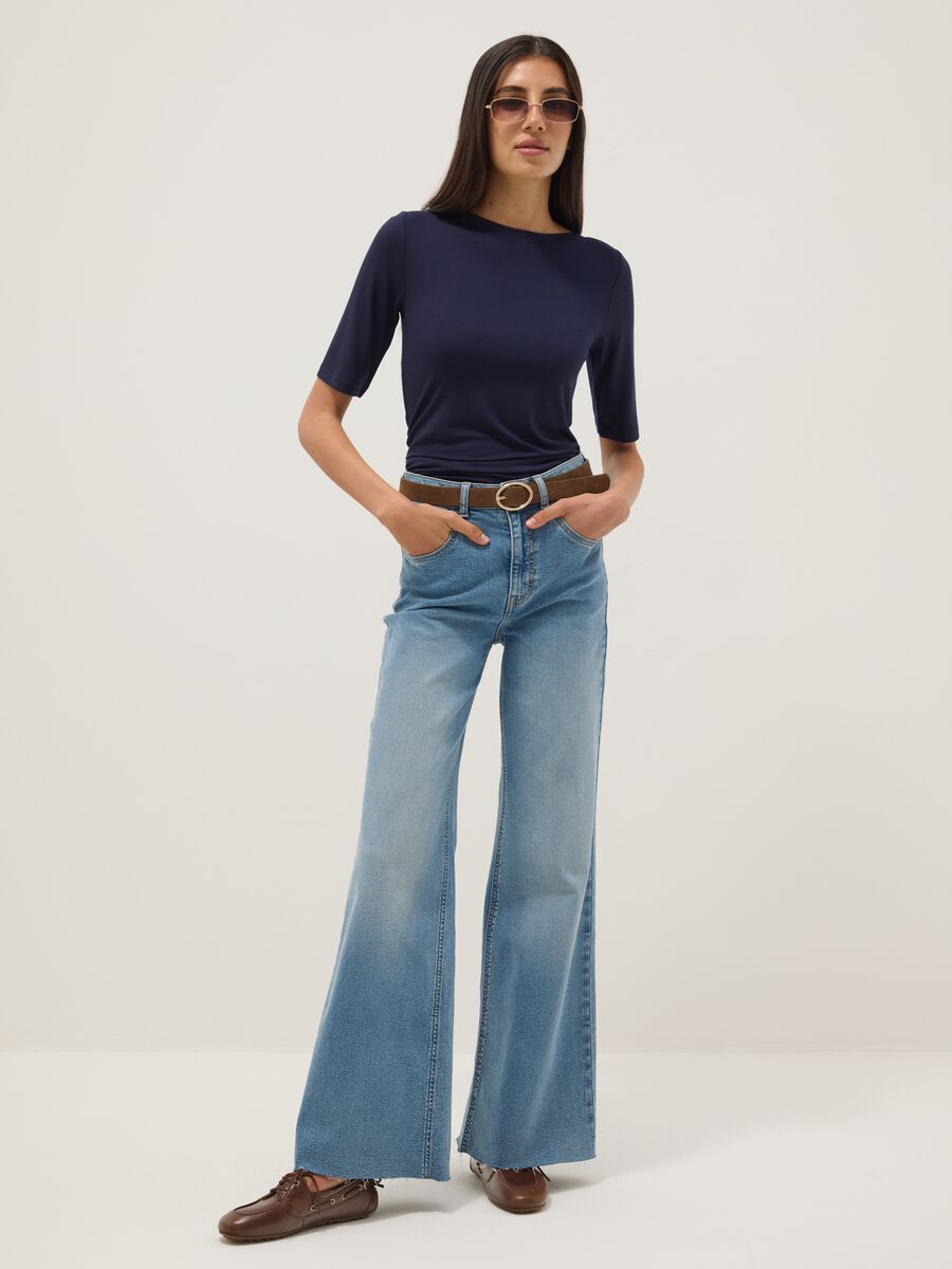 Regular fit blue stretch viscose boat neckline T-shirt_1