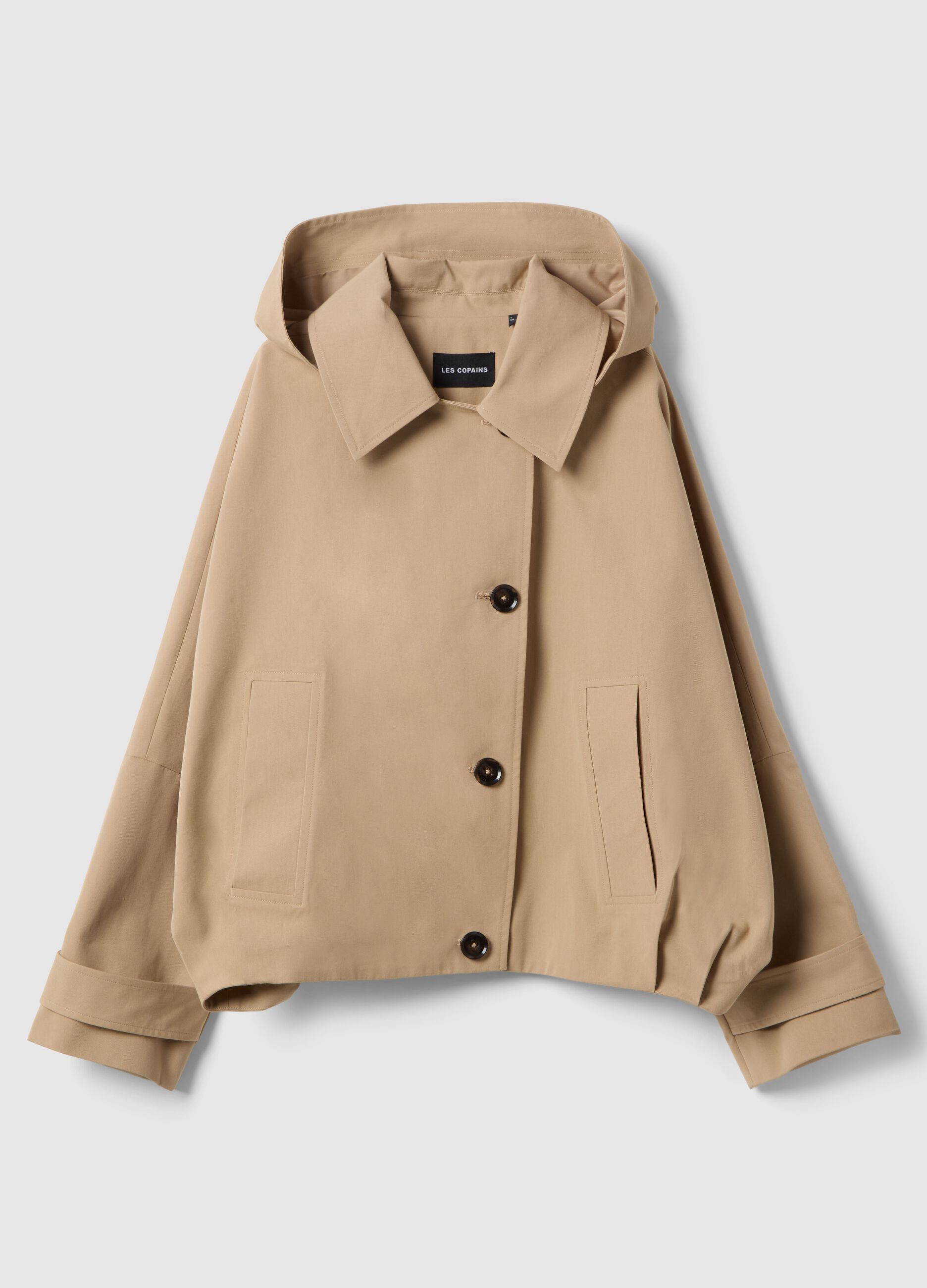 Trench corto in misto cotone beige regular fit con cappuccio