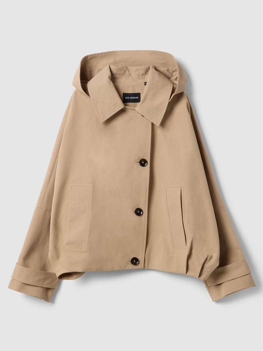 Short beige cotton blend trench coat, regular fit with hood_4
