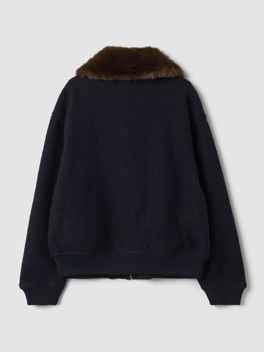 Blue wool-blend cardigan with faux-fur effect collar_2