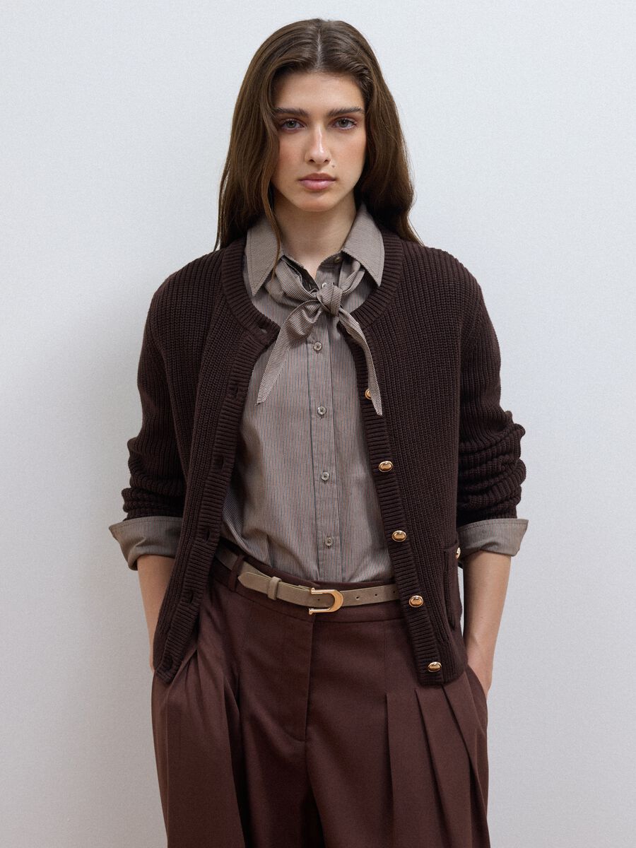 Brown pure cotton crew-neck knit cardigan_1