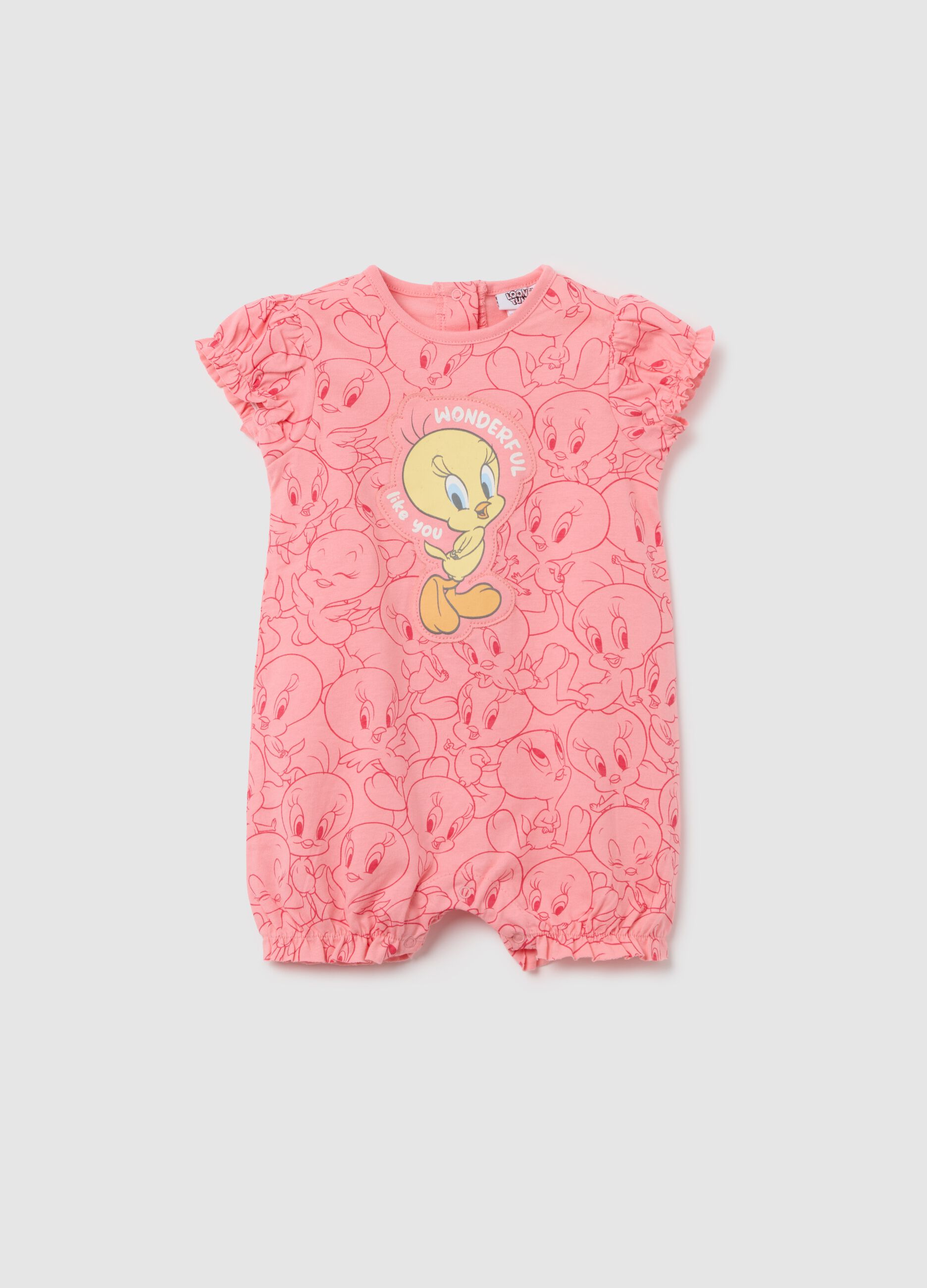 Pink pure cotton baby romper with ruffled sleeves