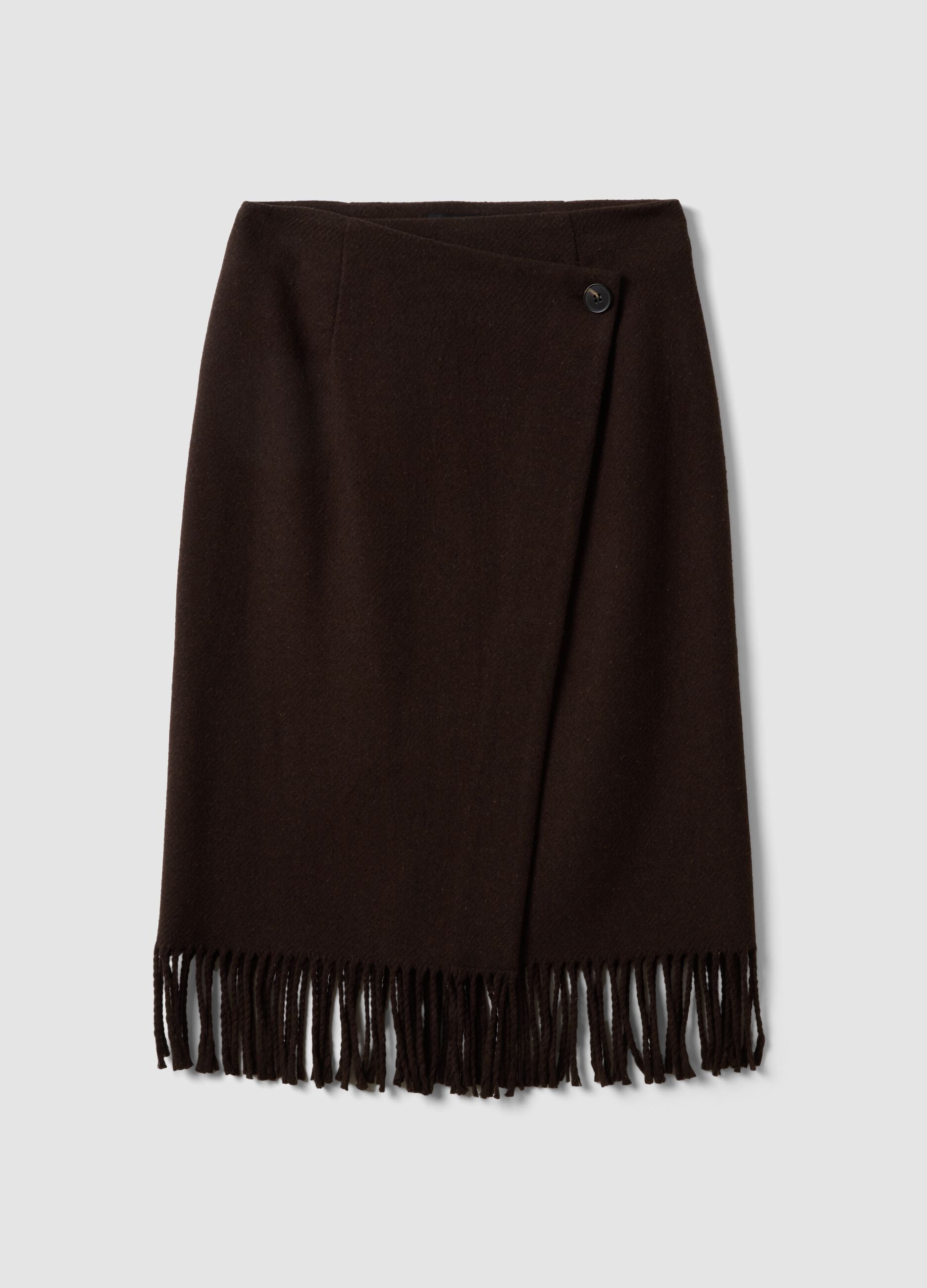 Brown viscose-wool blend skirt with fringed hem