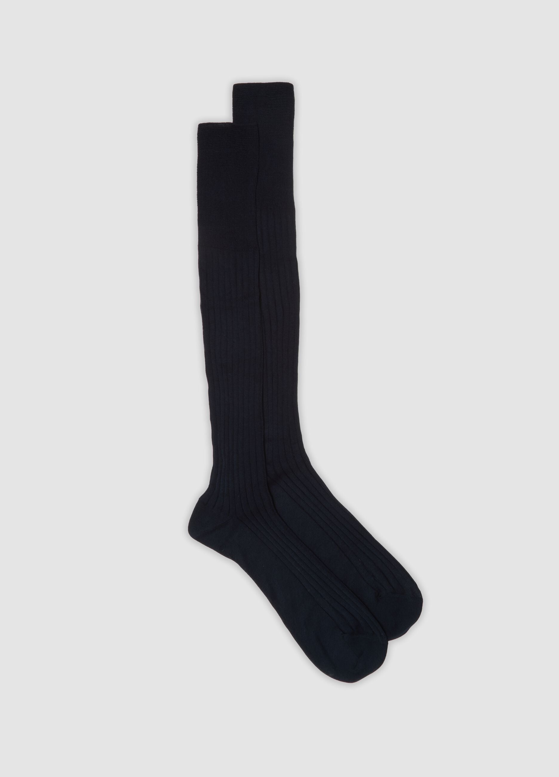 Blue ribbed pure cotton long socks